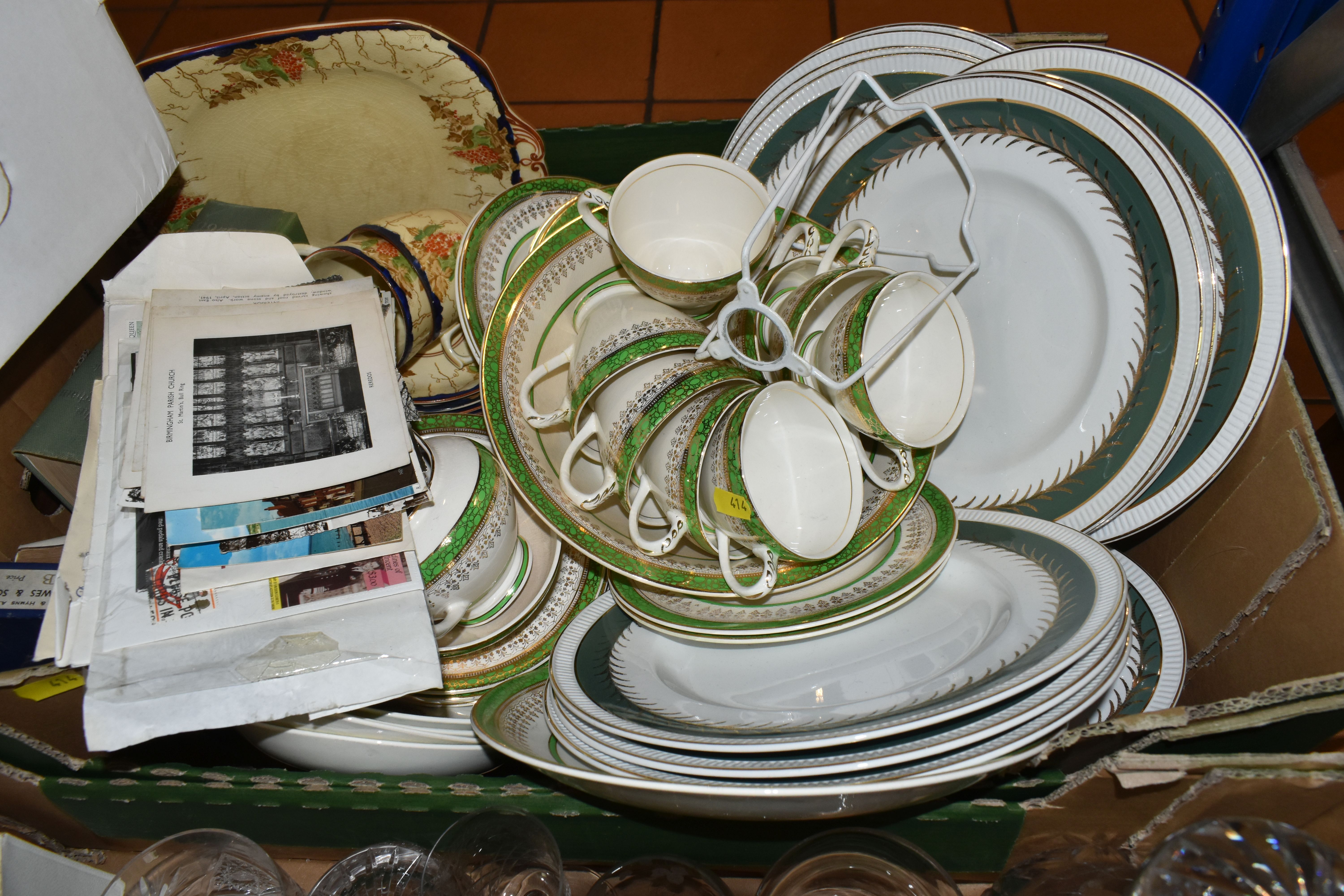 TWO BOXES AND LOOSE EPHEMERA, DINNERWARE, AND GLASSWARE, including a late Victorian writing slope - Image 6 of 10