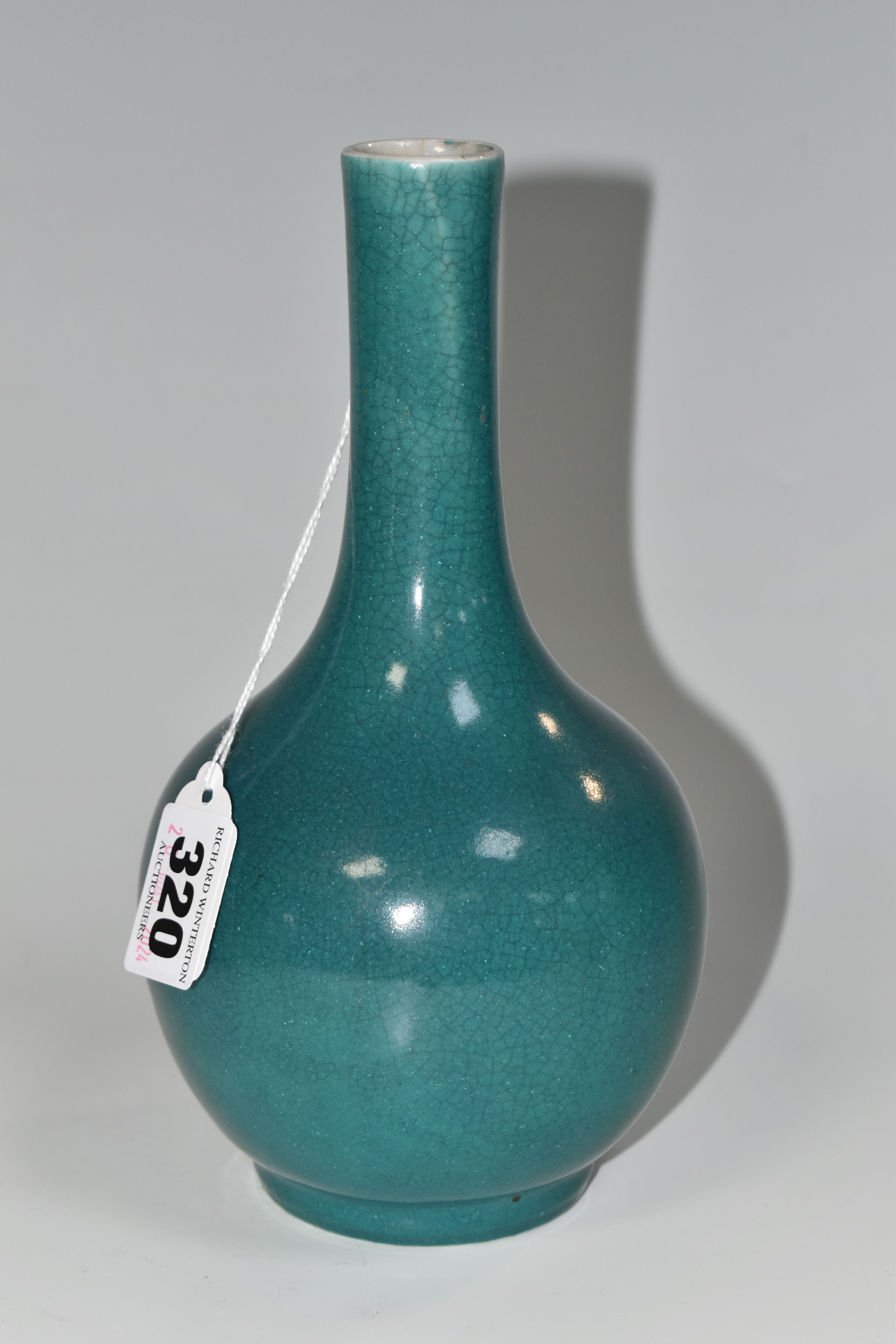 A NINETEENTH CENTURY CHINESE ONION SHAPED CRACKLE VASE, with turquoise glaze, four character marks - Image 2 of 5