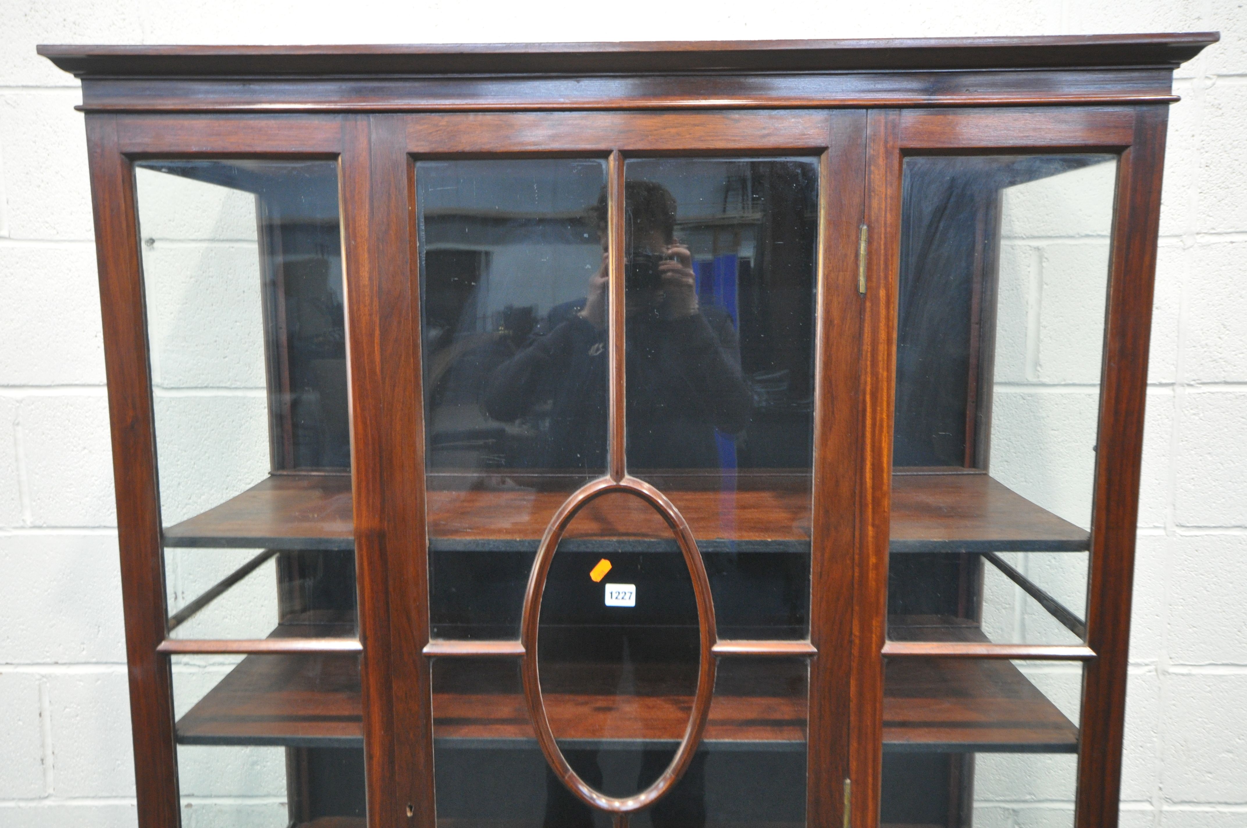AN EARLY 20TH CENTURY MAHOGANY SINGLE DOOR DISPLAY CABINET, enclosing three shelves, on square - Image 2 of 3