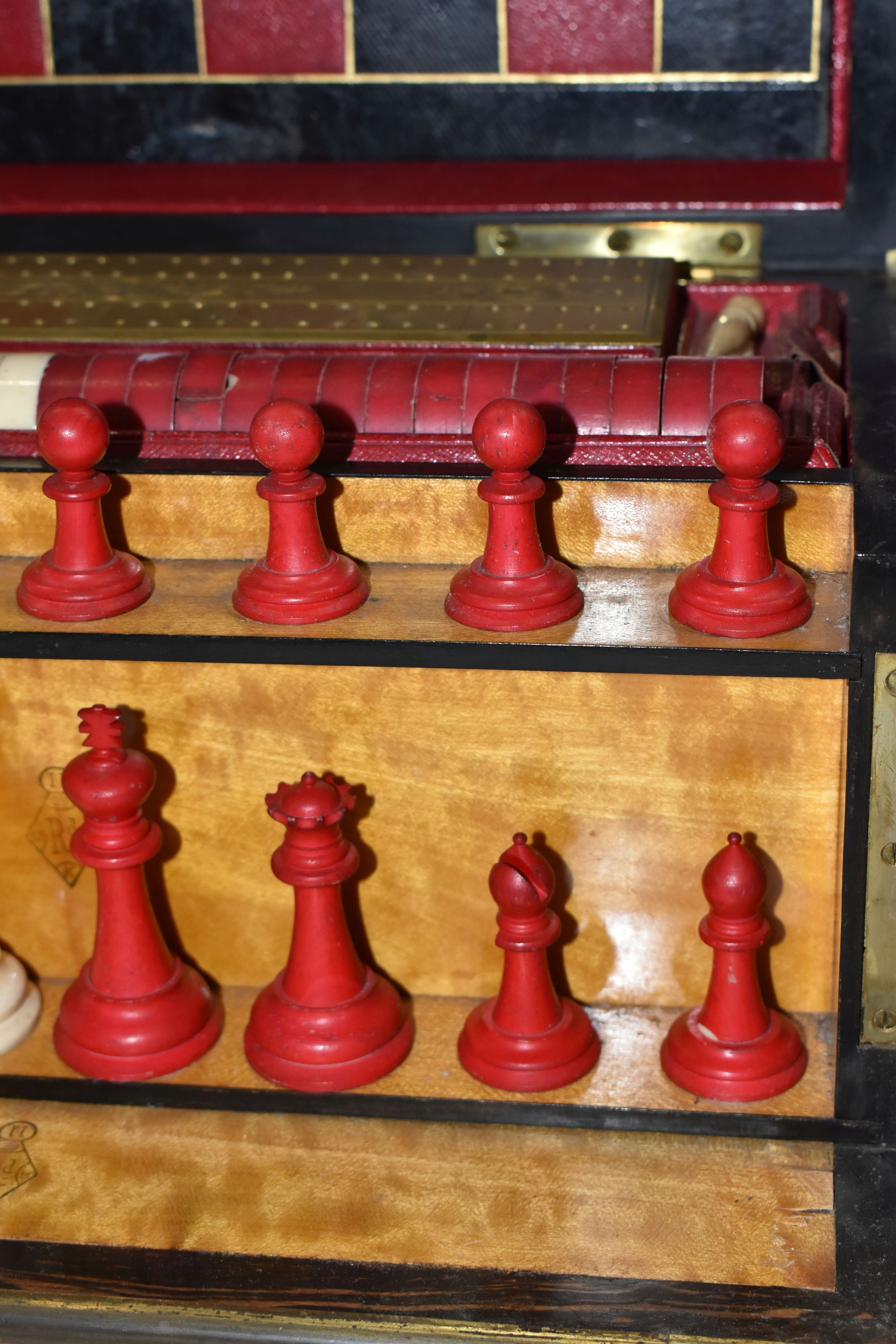 A VICTORIAN BURR WALNUT AND BRASS BOUND GAMES COMPENDIUM, the rectangular box with hinged lid with - Image 36 of 45