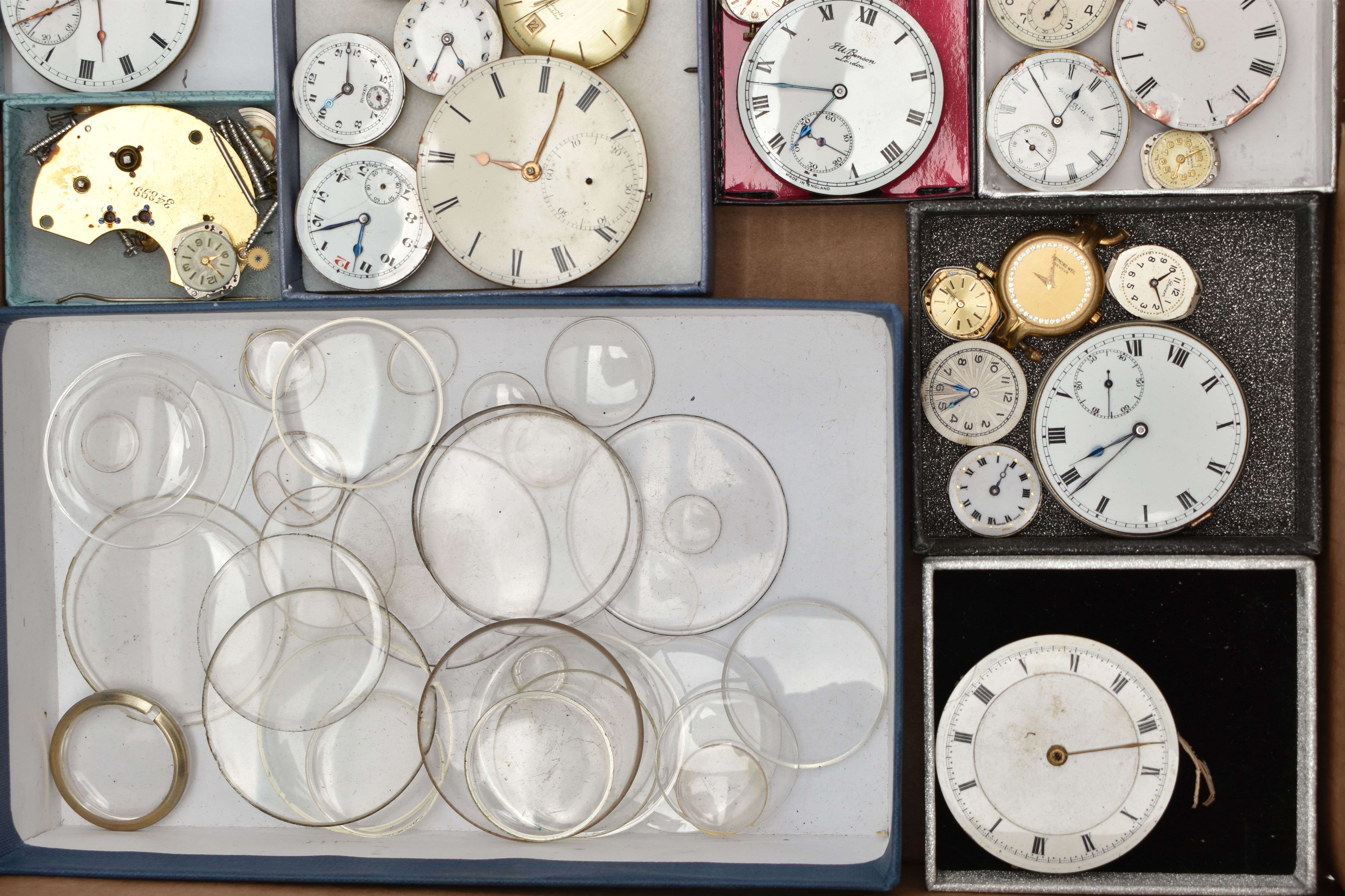 A BOX OF ASSORTED WATCH PARTS, to include a large selection of watch movements, names to include - Image 2 of 11