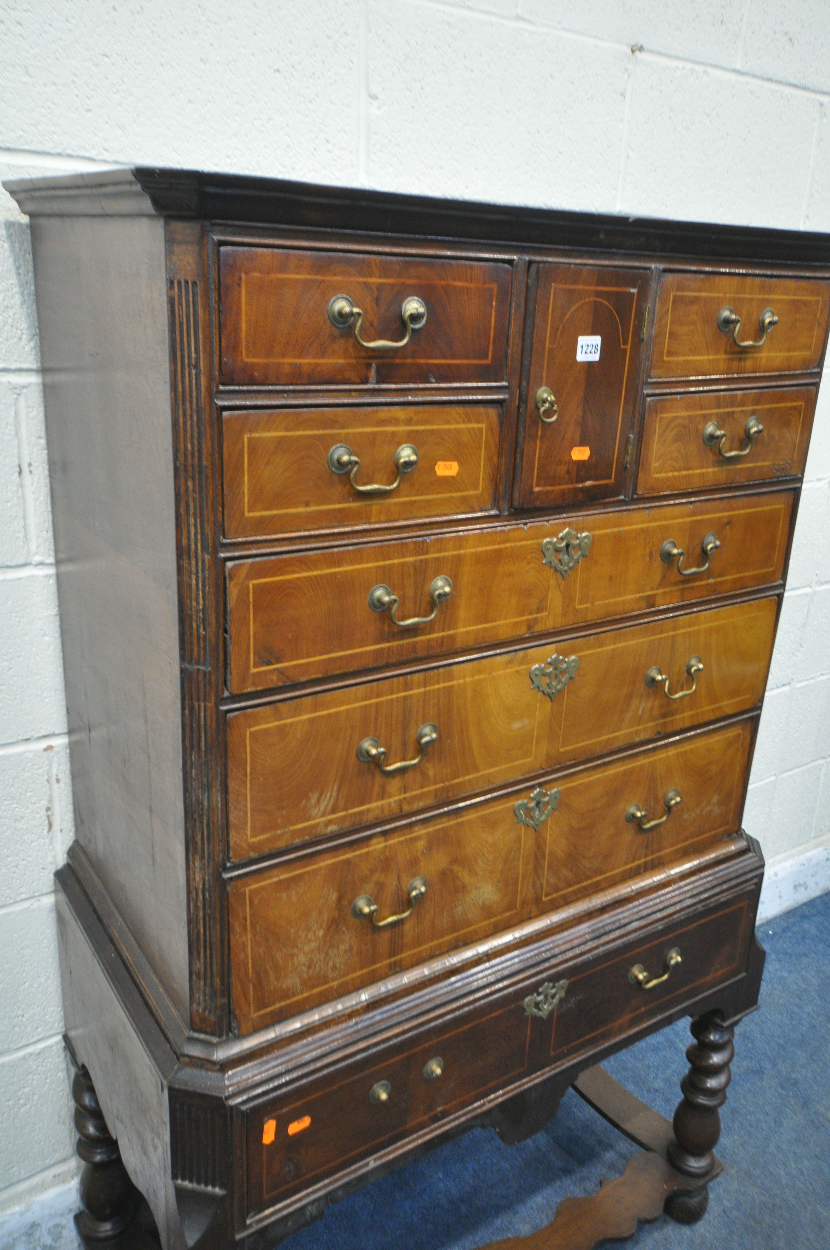 A WILLIAM AND MARY STYLE WALNUT AND BOX STRUNG CHEST ON STAND, fitted with an arrangement of eight - Image 3 of 8
