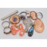 A SELECTION OF JEWELLERY, to include a late Victorian amethyst brooch, a butterfly wing pendant,