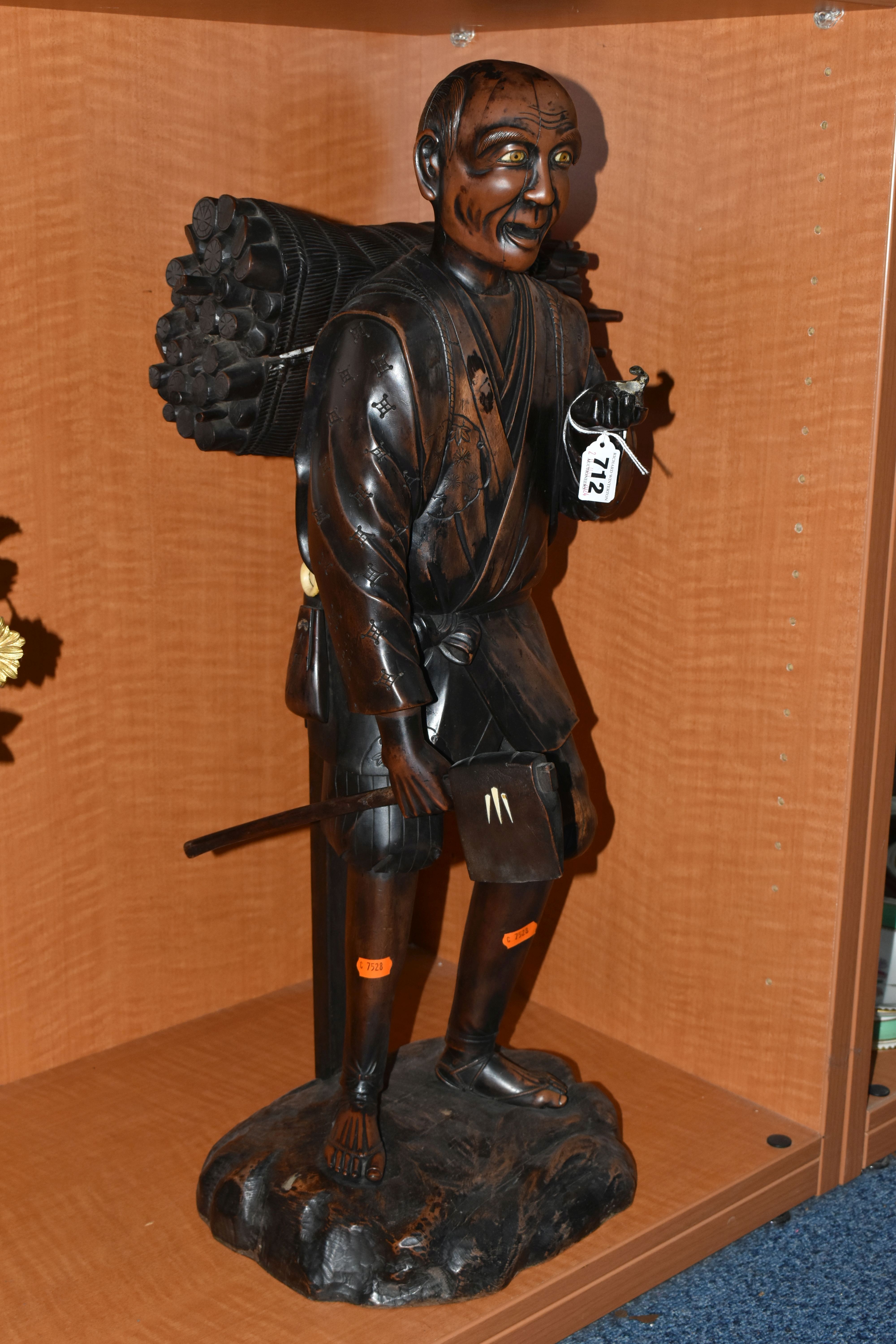 A LATE 19TH / EARLY 20TH CENTURY JAPANESE STAINED TREEN OKIMONO OF A WOODCUTTER, posed with an axe - Image 3 of 16