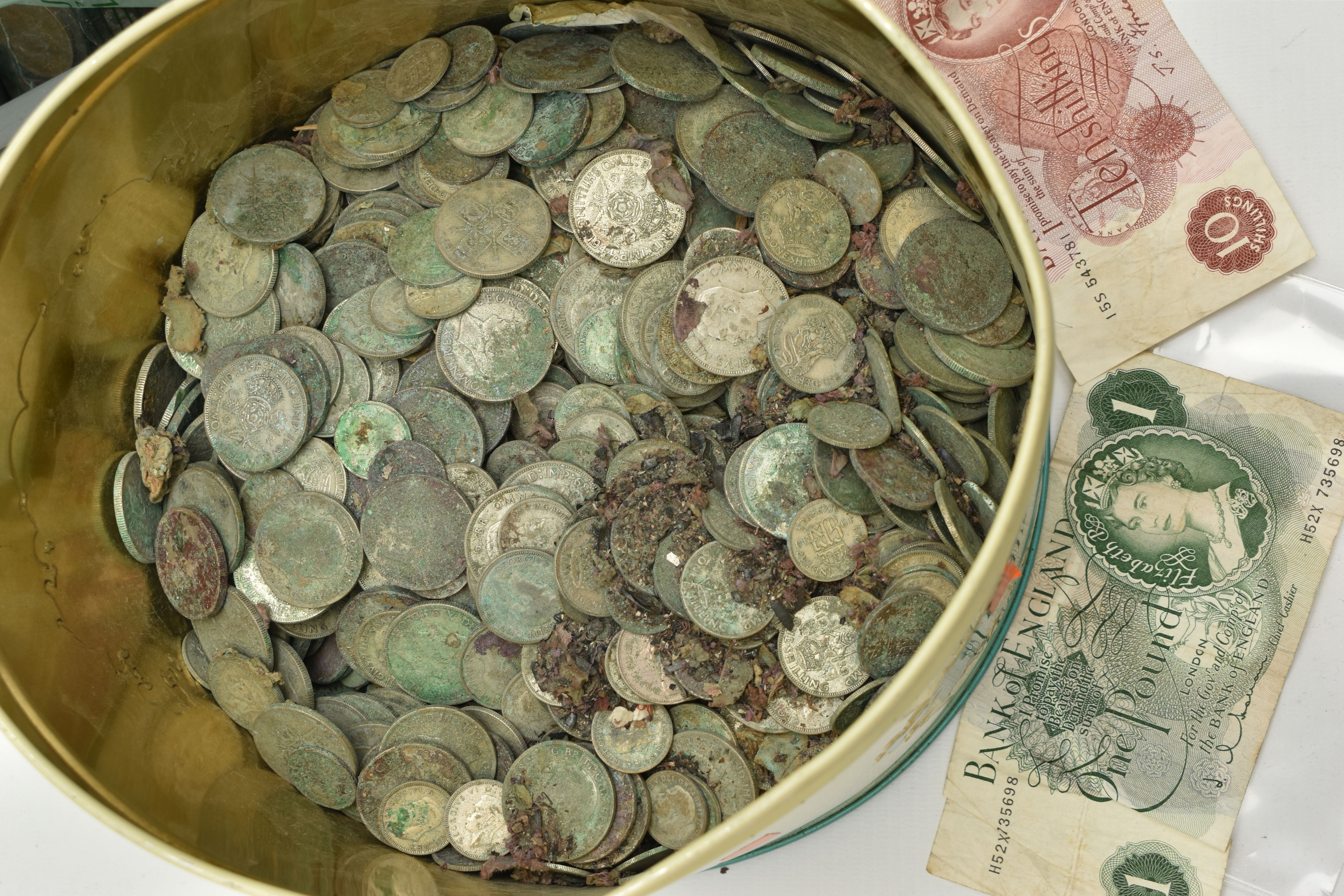 A METAL CASHBOX AND TIN CONTAINING MIXED COINS MANY WITH WATER DAMAGE, to include large amounts - Image 2 of 4