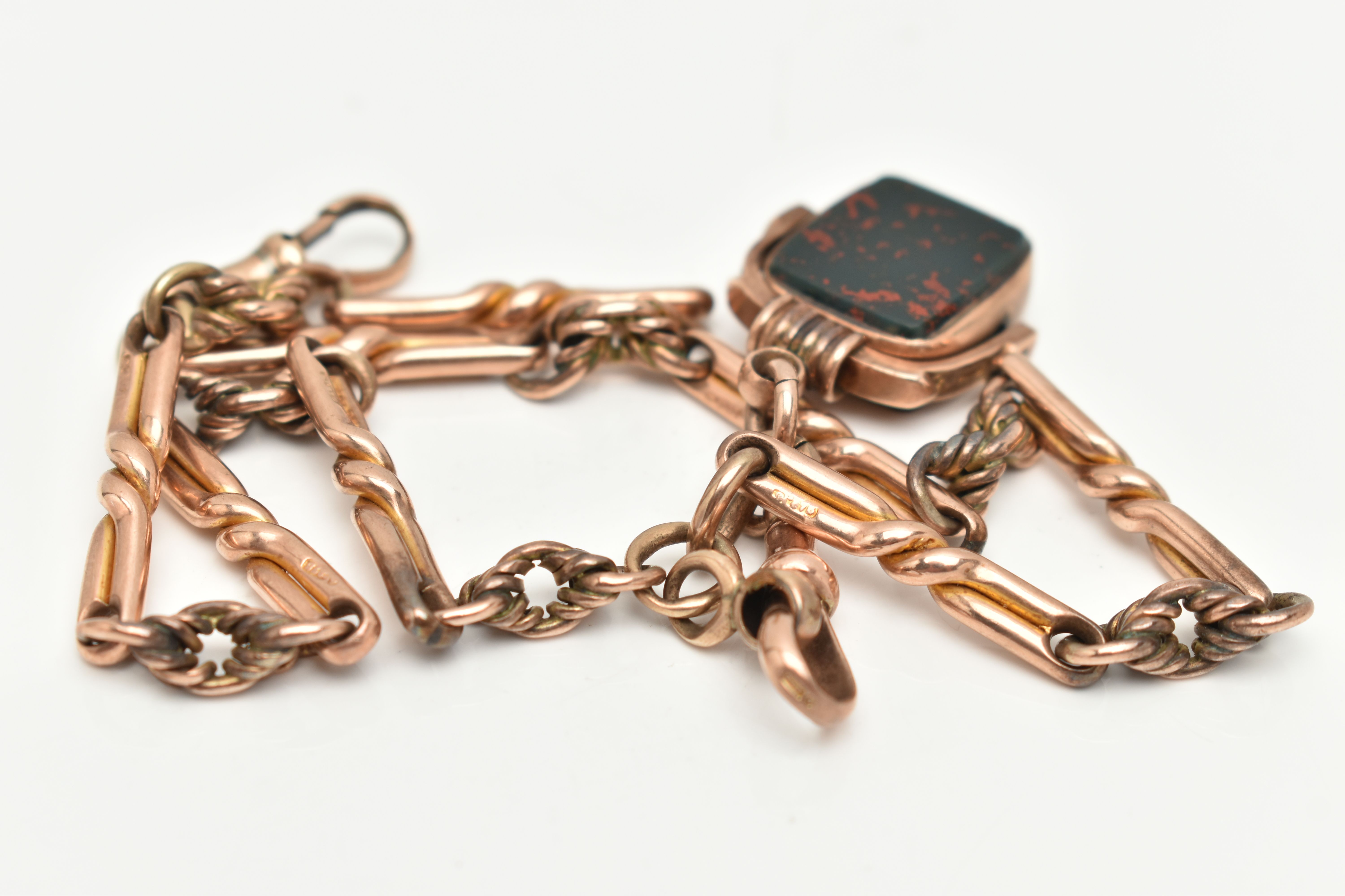 A ROSE METAL ALBERT CHAIN WITH SWIVEL FOB, fancy link chain, links stamped 9.375, fitted with one - Image 3 of 4