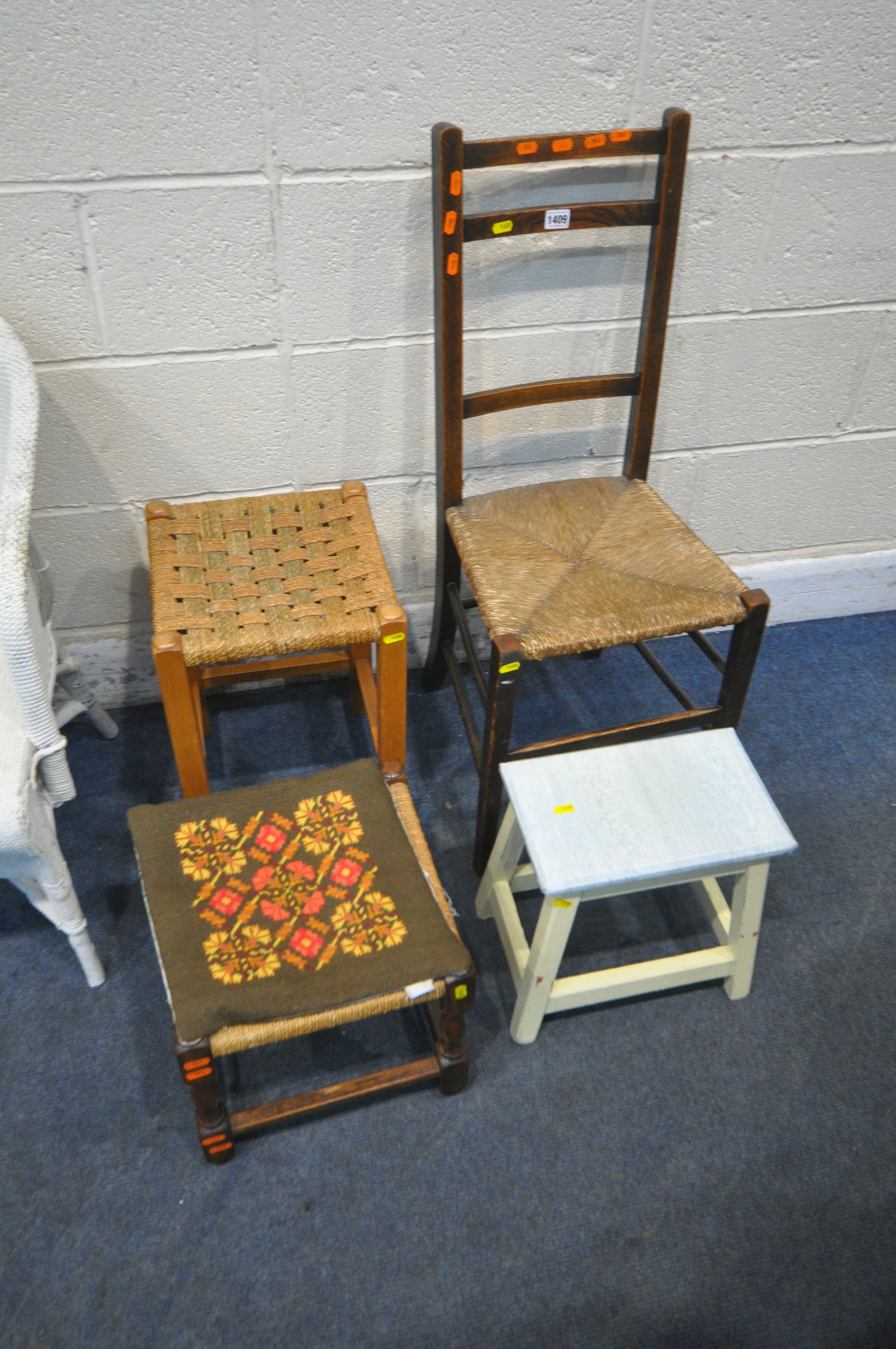 A WHITE PAINTED WICKER TUB CHAIR, a rush seated chair, along with four stools (condition report: - Image 2 of 3