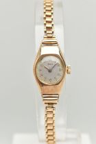 A 9CT GOLD LADIES WRISTWATCH hand wound movement, round dial signed 'Timor', Arabic numerals, yellow