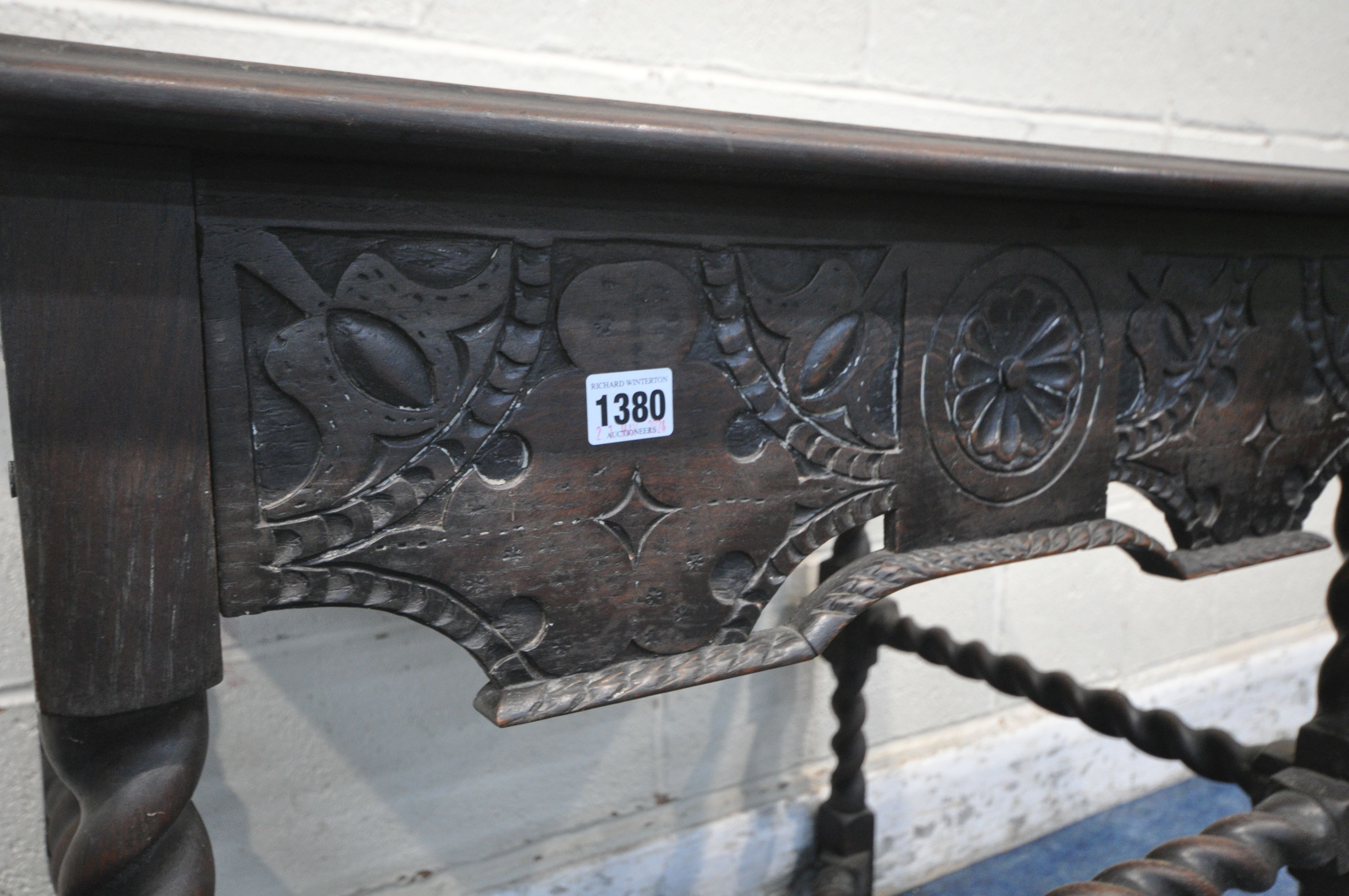 AN 18TH CENTURY CARVED OAK SIDE TABLE, the top edges with a rope edge, above a single frieze drawer, - Image 5 of 6