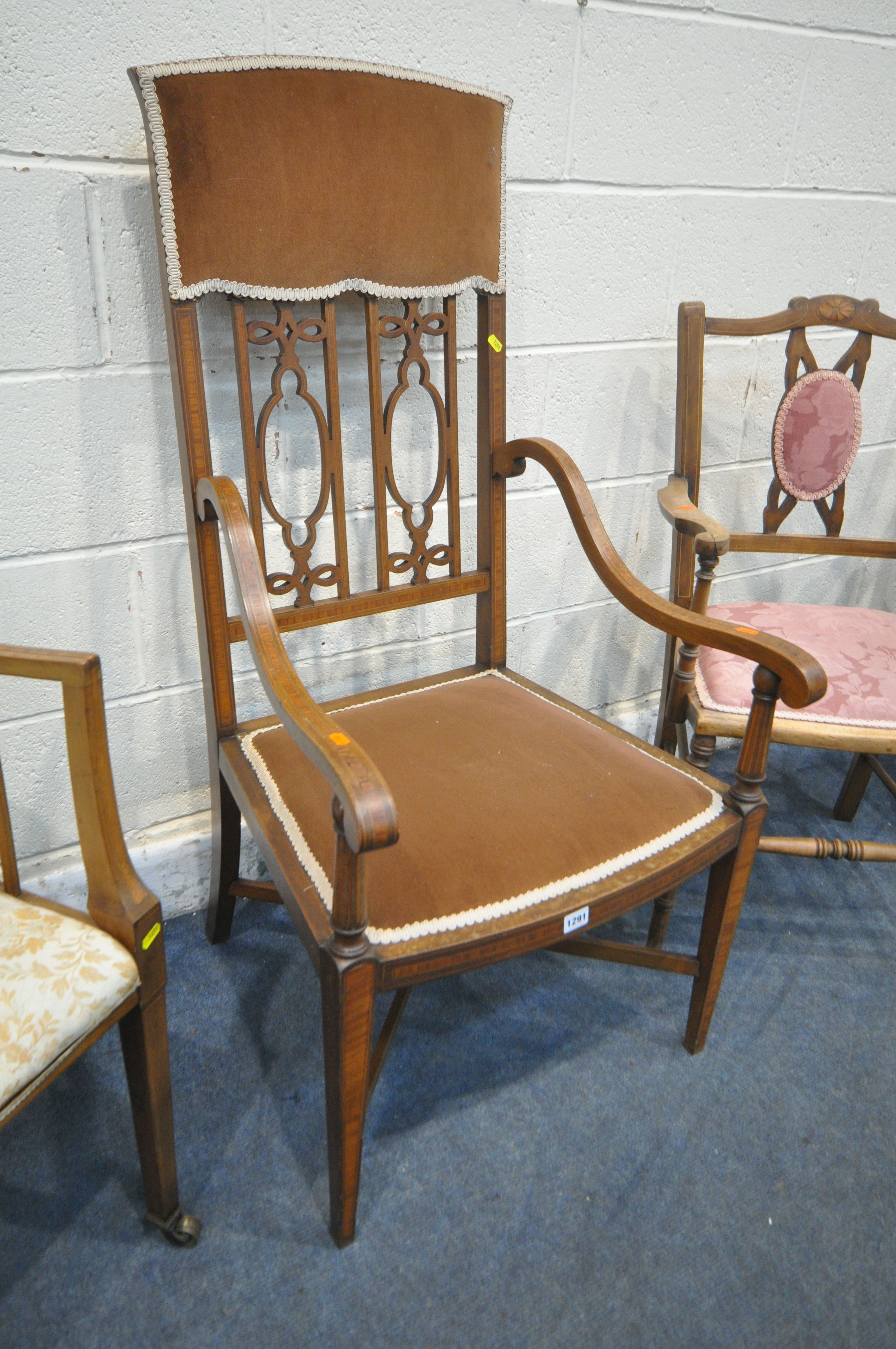 FOUR VARIOUS EDWARDIAN ELBOW CHAIRS, to include a pair of chairs (condition report: all marks and - Image 4 of 5