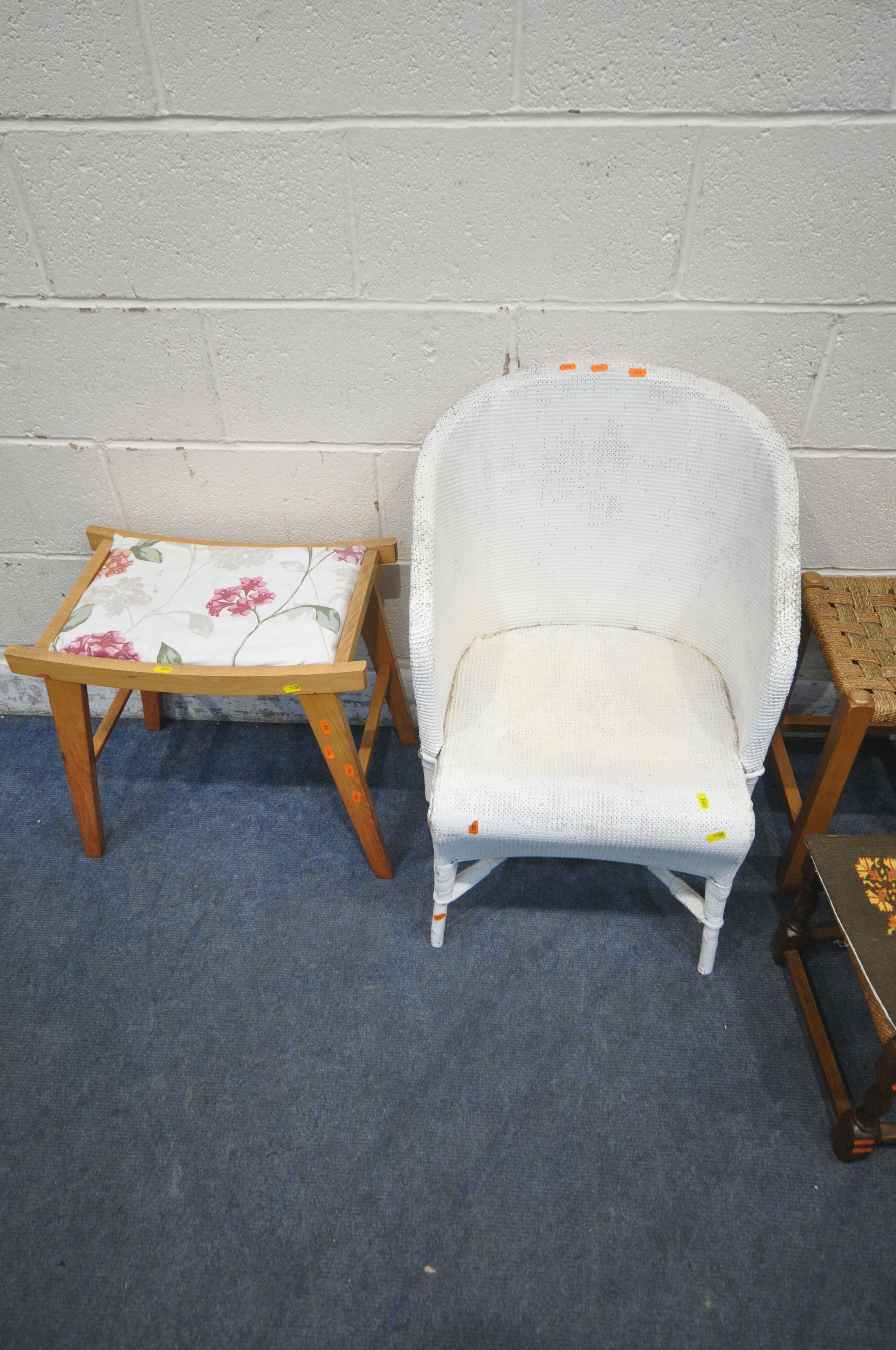 A WHITE PAINTED WICKER TUB CHAIR, a rush seated chair, along with four stools (condition report: - Image 3 of 3