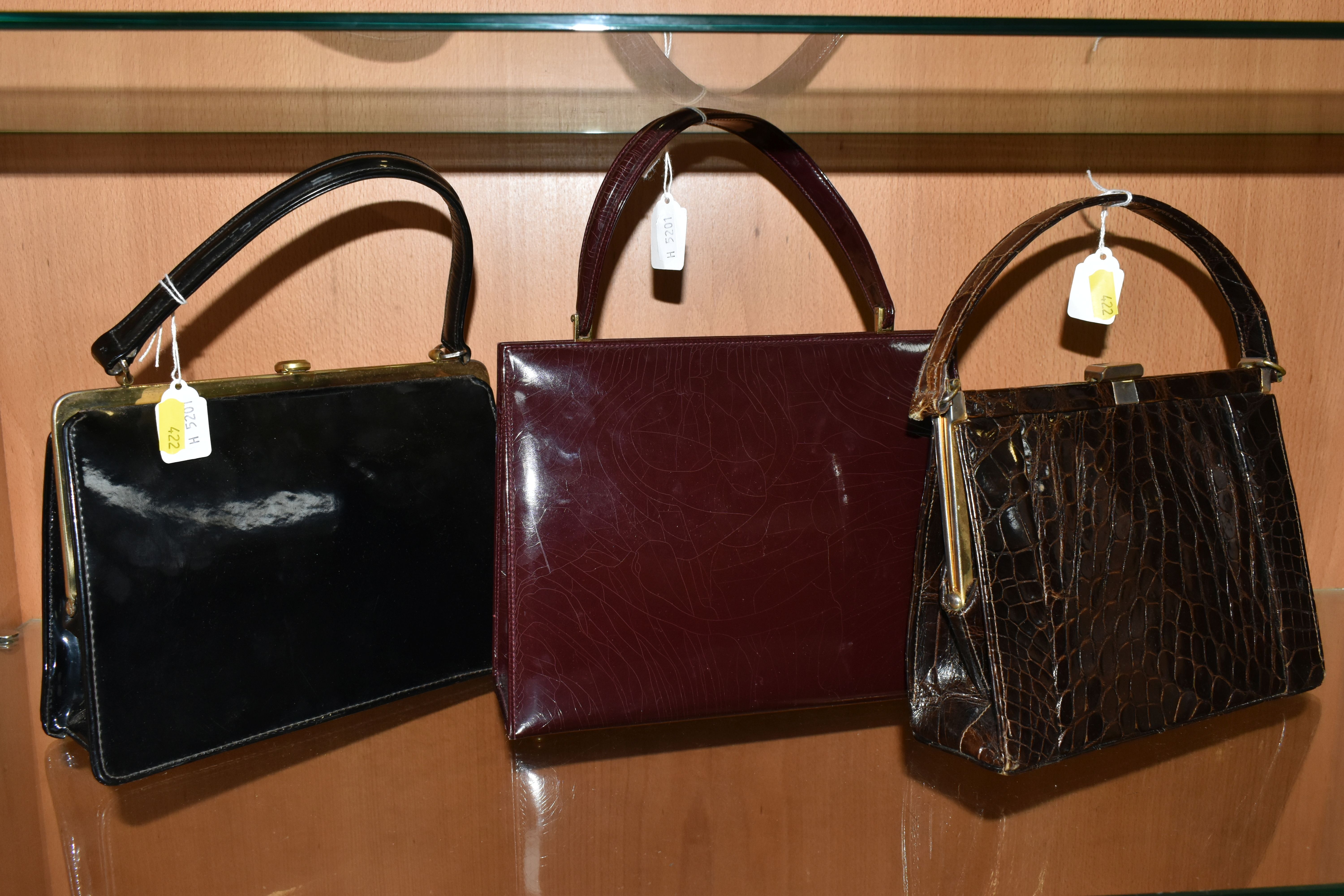 THREE LADIES' VINTAGE HANDBAGS, comprising a brown French faux Croc bag, a claret patent leather - Image 5 of 12