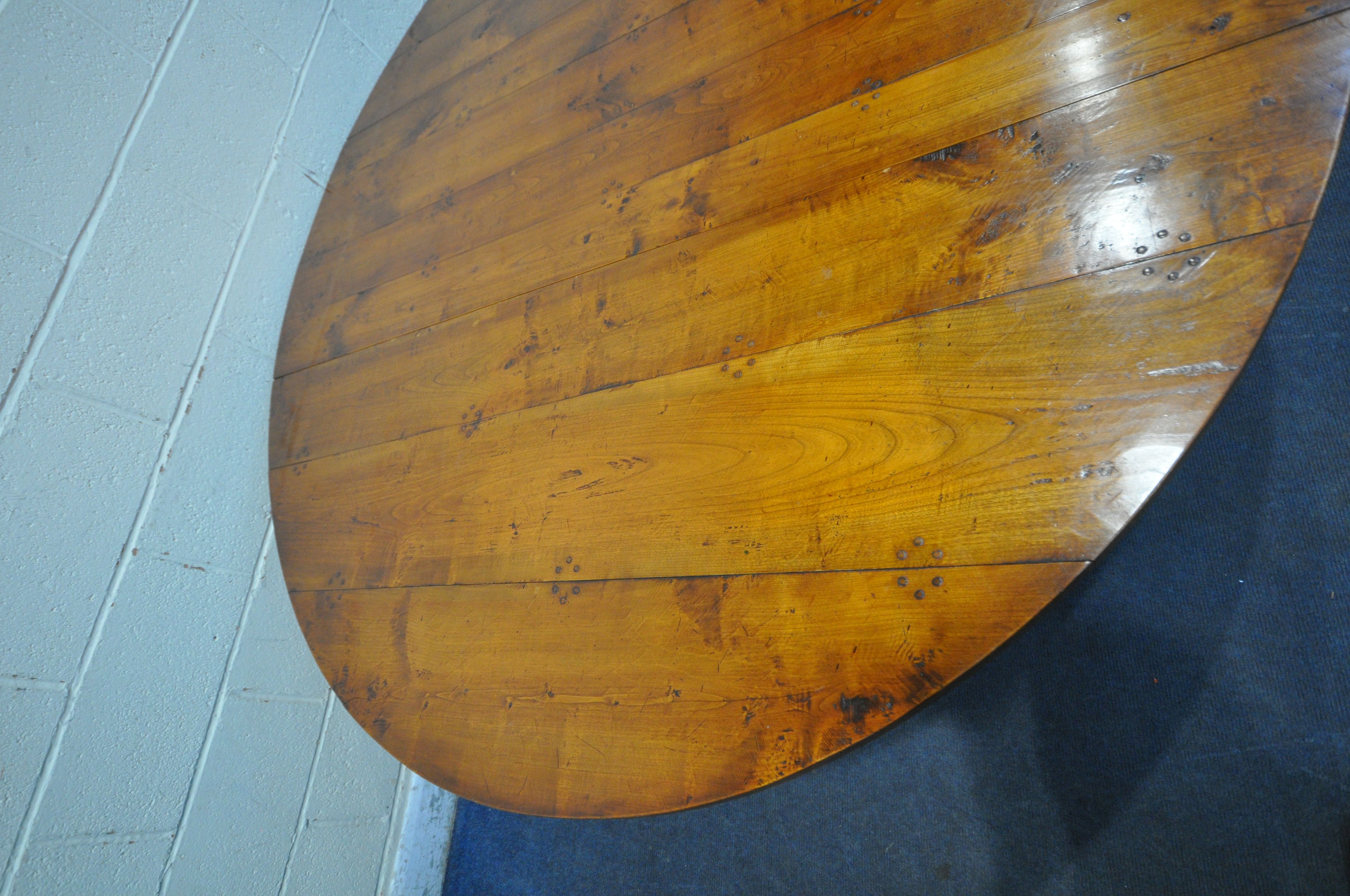 A GOOD QUALITY LARGE REPRODUCTION ELM DROP LEAF TABLE, with a single frieze drawer to each end, - Image 2 of 11