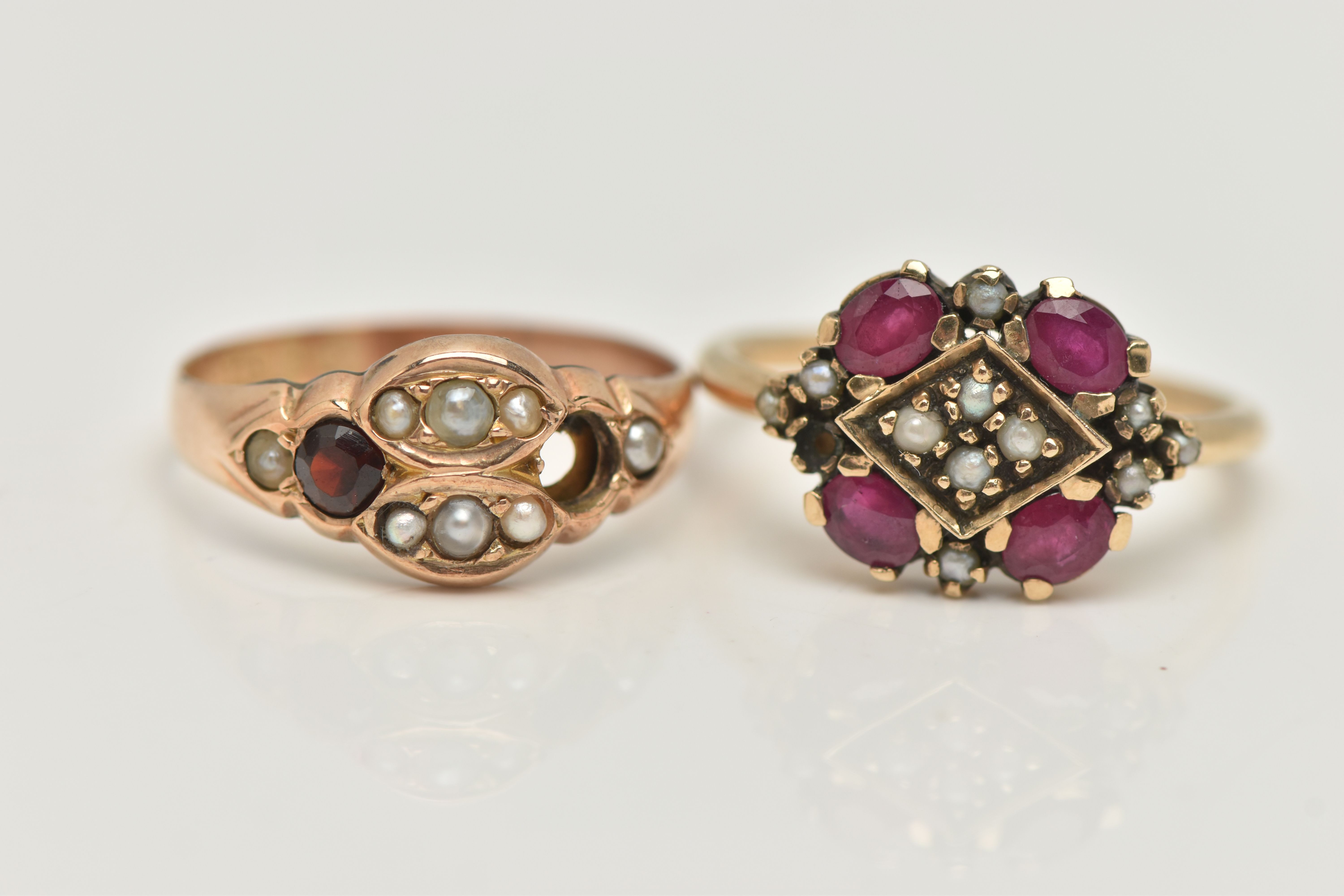 TWO 9CT GOLD GEM SET RINGS, the first set with four oval shape treated rubies and split pearls,