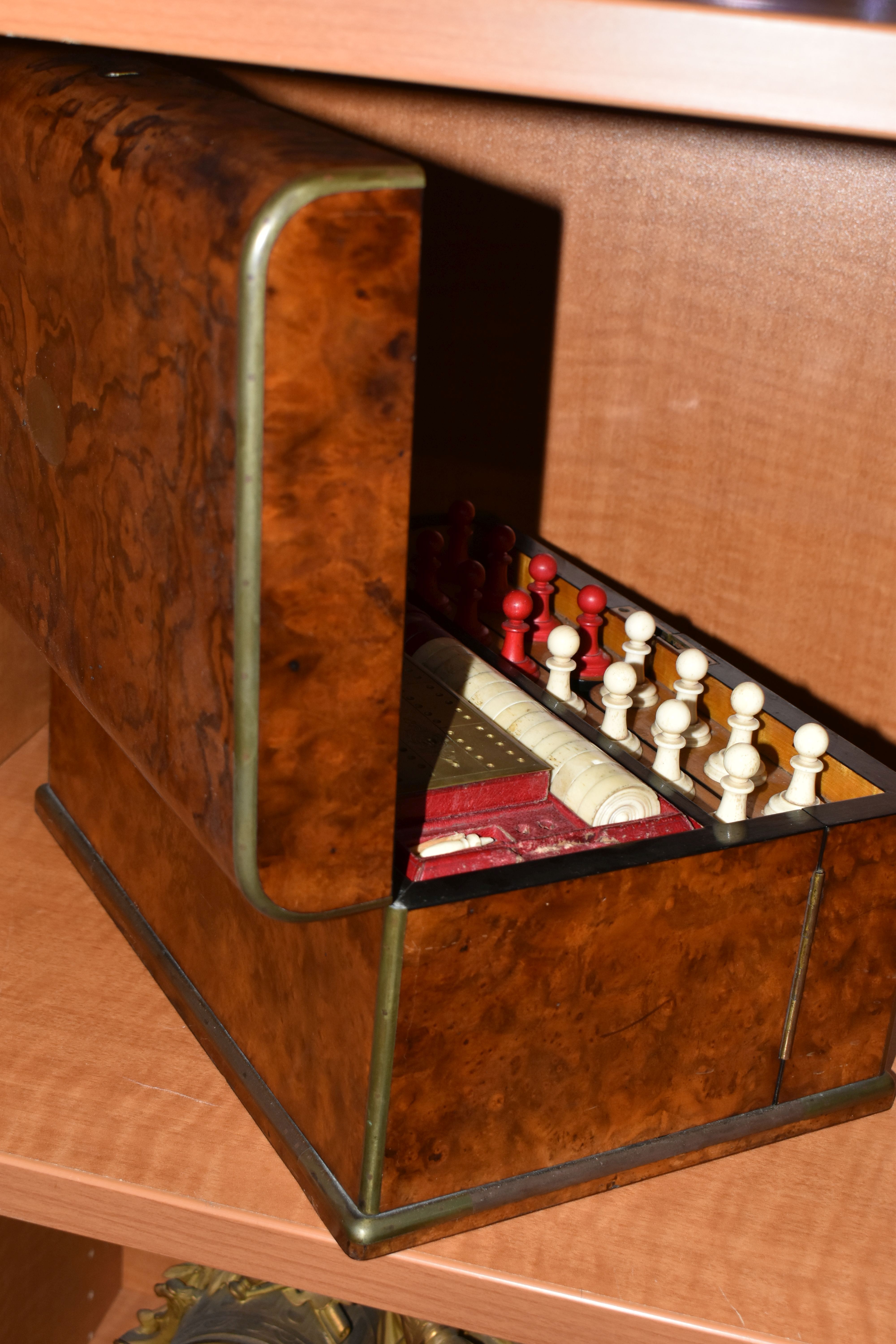 A VICTORIAN BURR WALNUT AND BRASS BOUND GAMES COMPENDIUM, the rectangular box with hinged lid with - Image 11 of 45