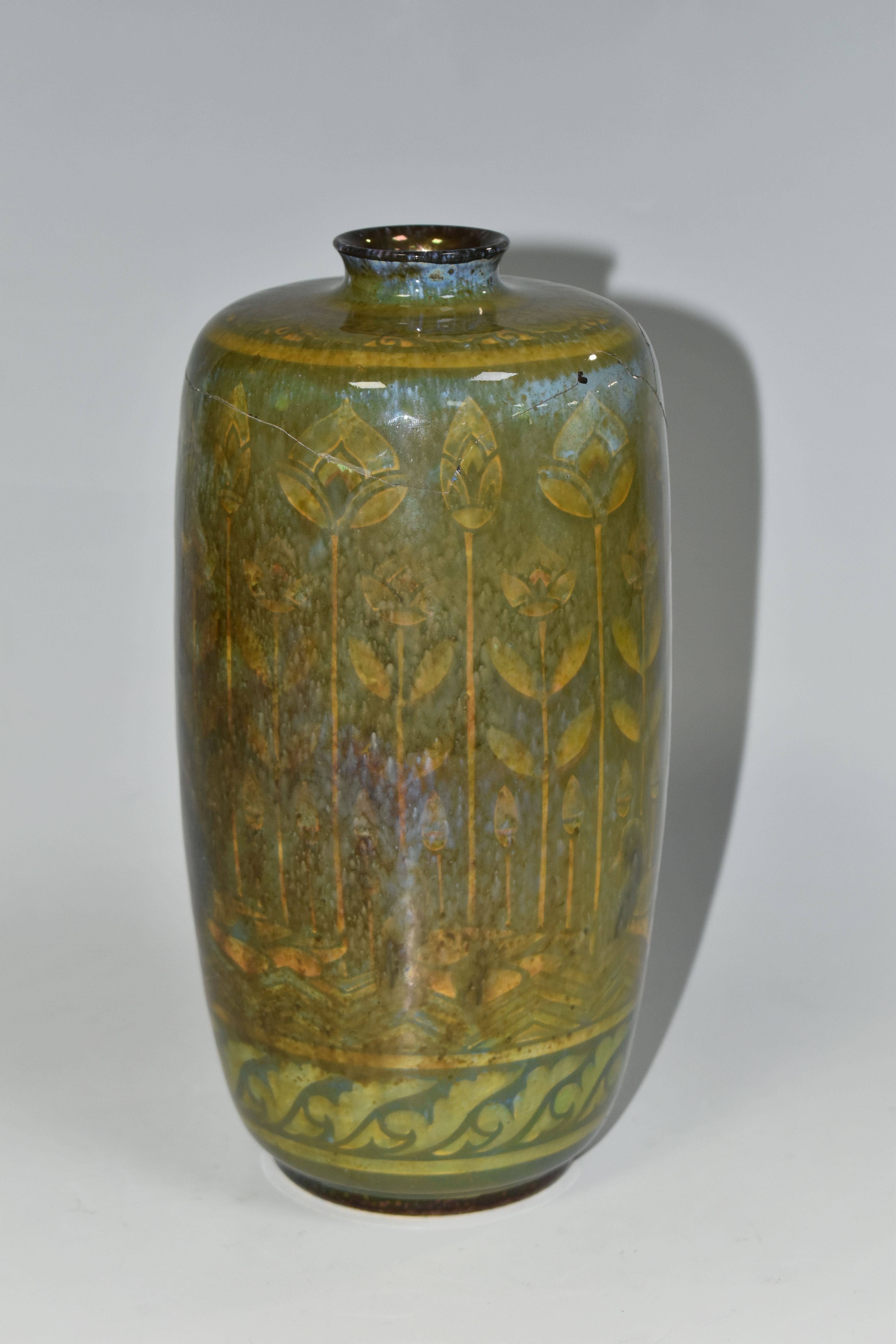 A PILKINGTON'S VASE, decorated with yellow stylized reeds and ducks on a mottled green ground,