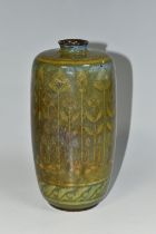 A PILKINGTON'S VASE, decorated with yellow stylized reeds and ducks on a mottled green ground,