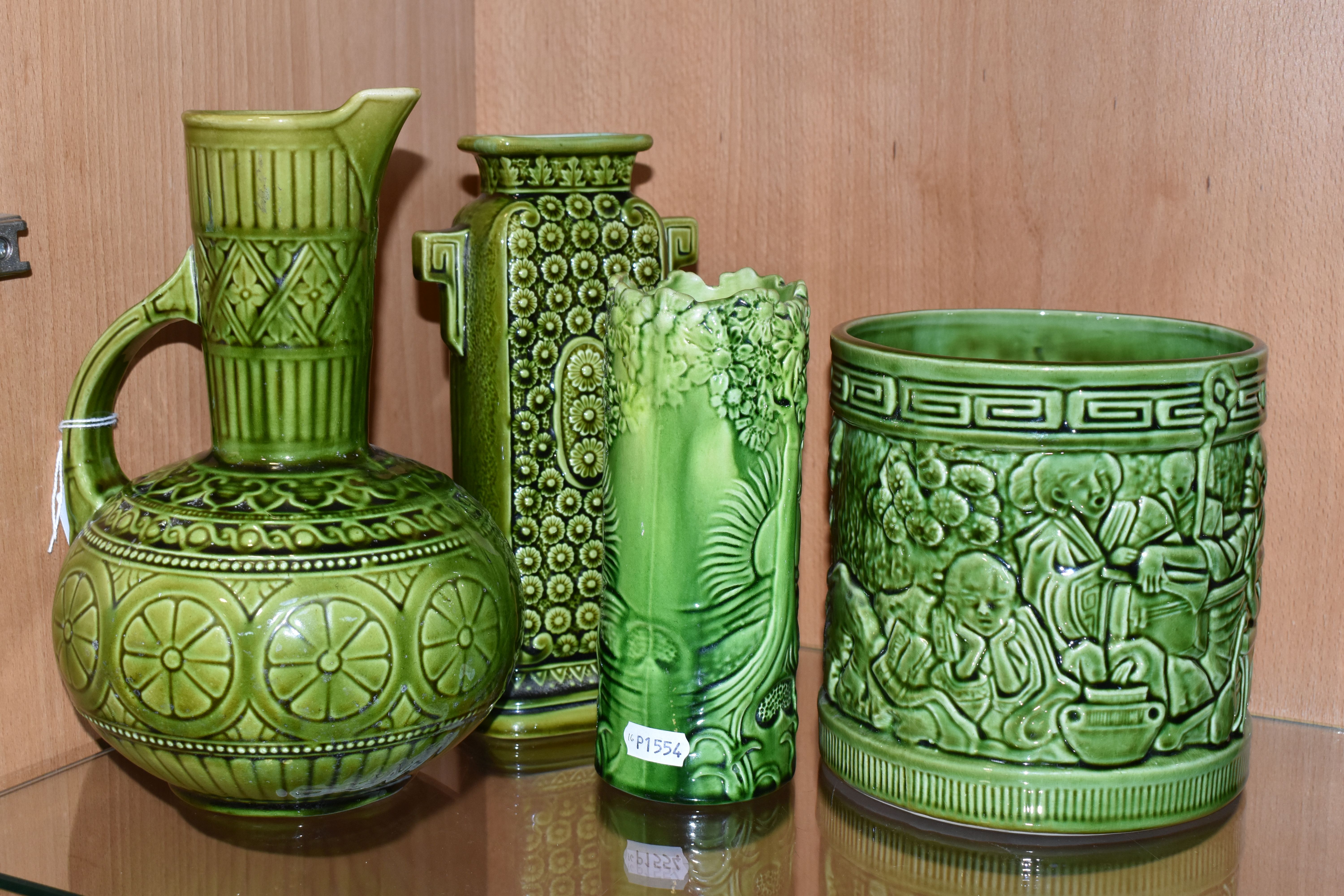 FOUR PIECES OF GREEN GLAZED POTTERY, comprising a Lear green glazed jug marked 'Lear 145', a Lear - Image 5 of 9