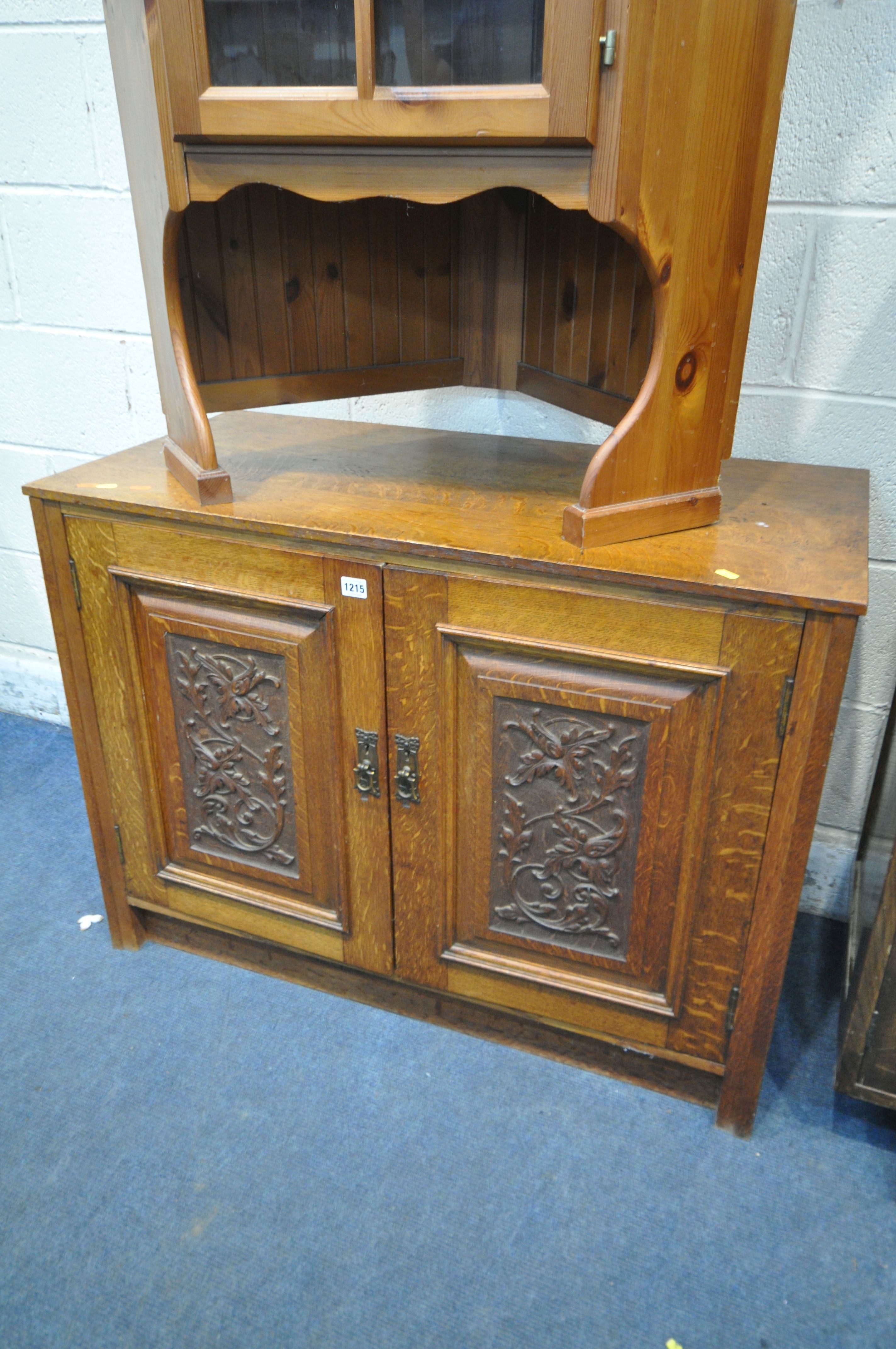 AN OAK TWO DOOR CUPBOARD, with carved foliate panels, width 100cm x depth 49cm x height 75cm, - Image 3 of 4