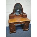 A 19TH CENTURY MAHOGANY TWIN PEDESTAL DRESSING TABLE, with an oval mirror, fitted with an