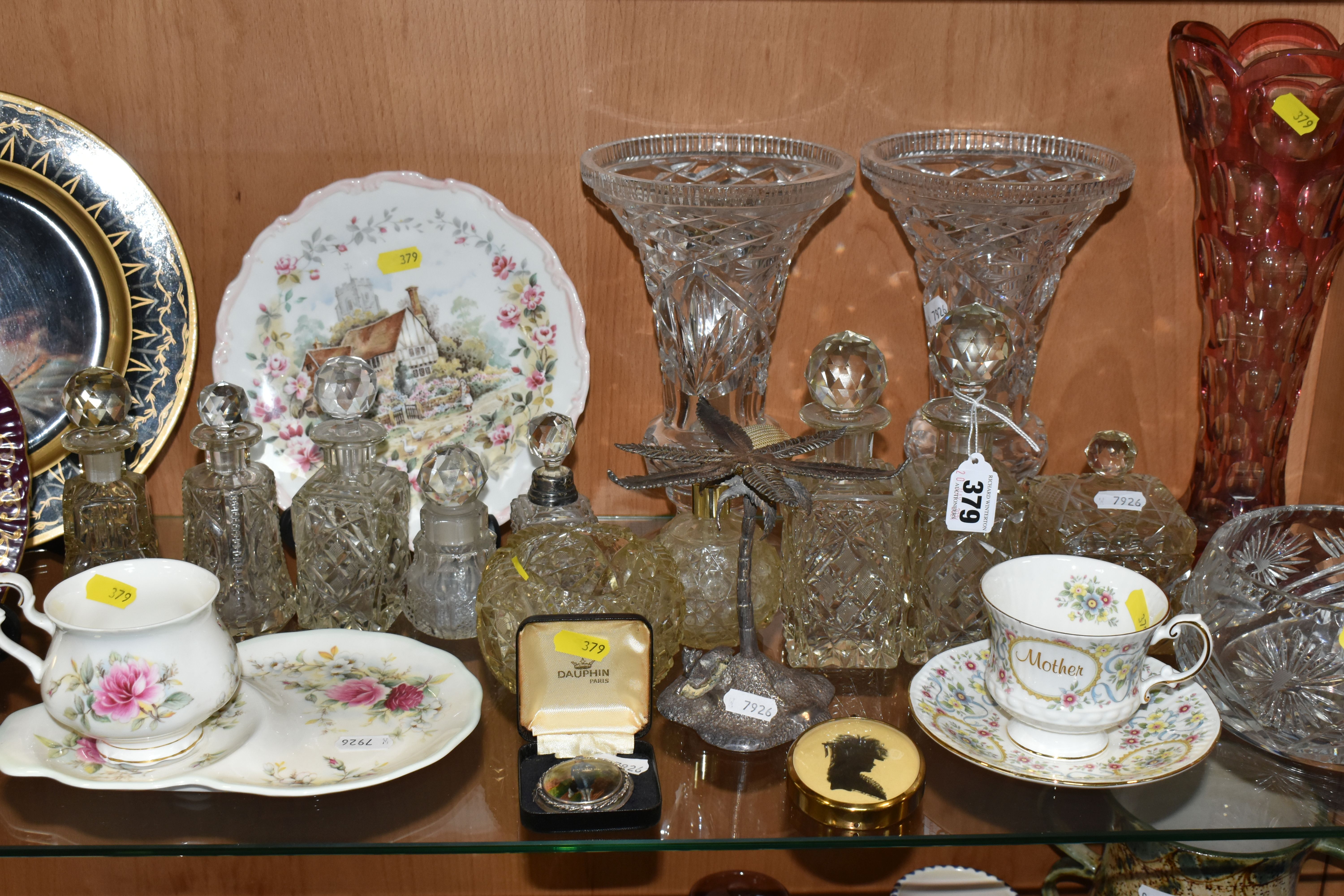 A GROUP OF VICTORIAN CUT CRYSTAL AND CERAMICS, to include a Royal Albert 'Memories' pattern tennis