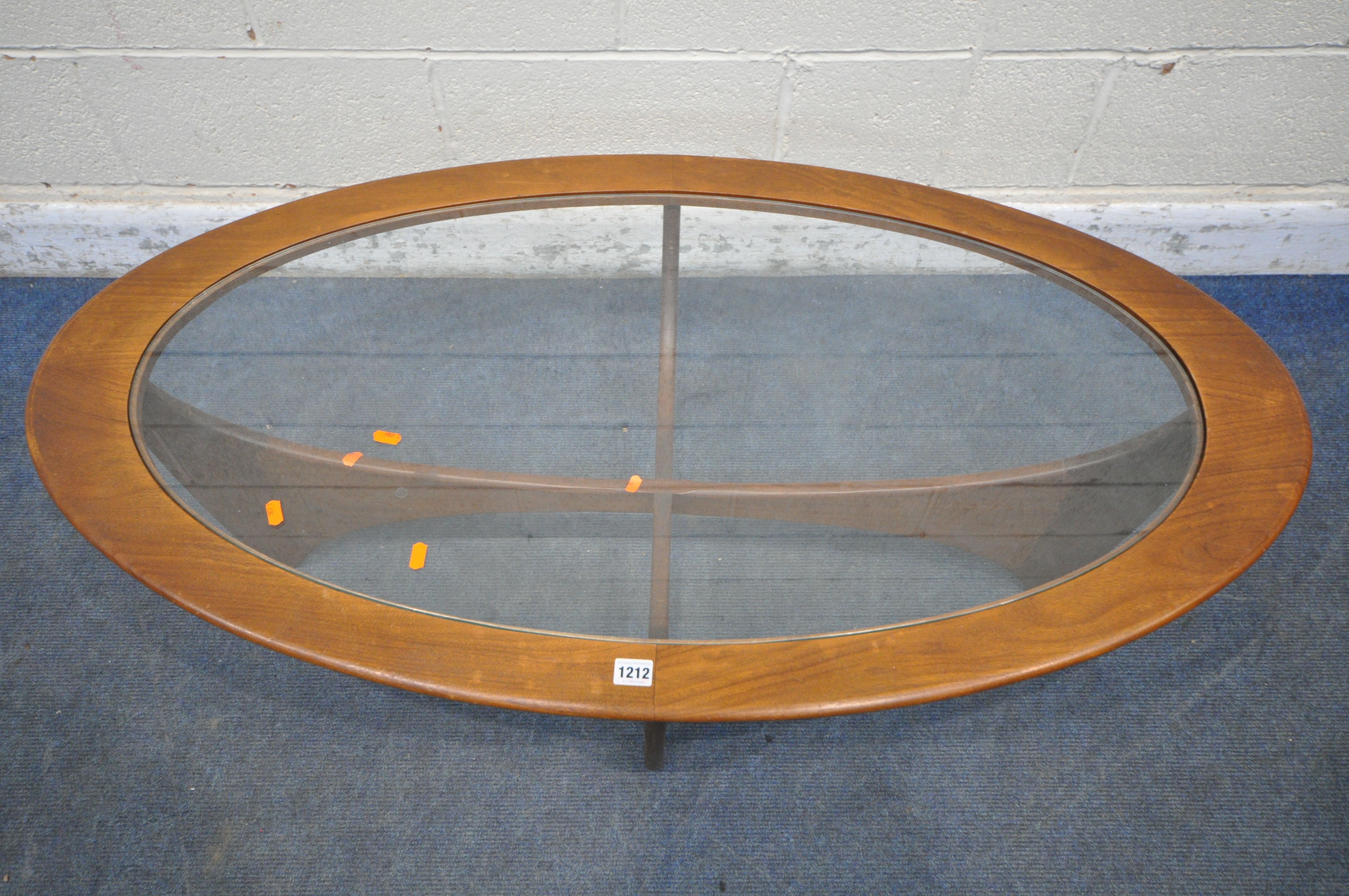 A MID CENTURY G PLAN ASTRO OVAL COFFEE TABLE, with a glass insert, width 122cm x depth 66cm x height - Image 3 of 3