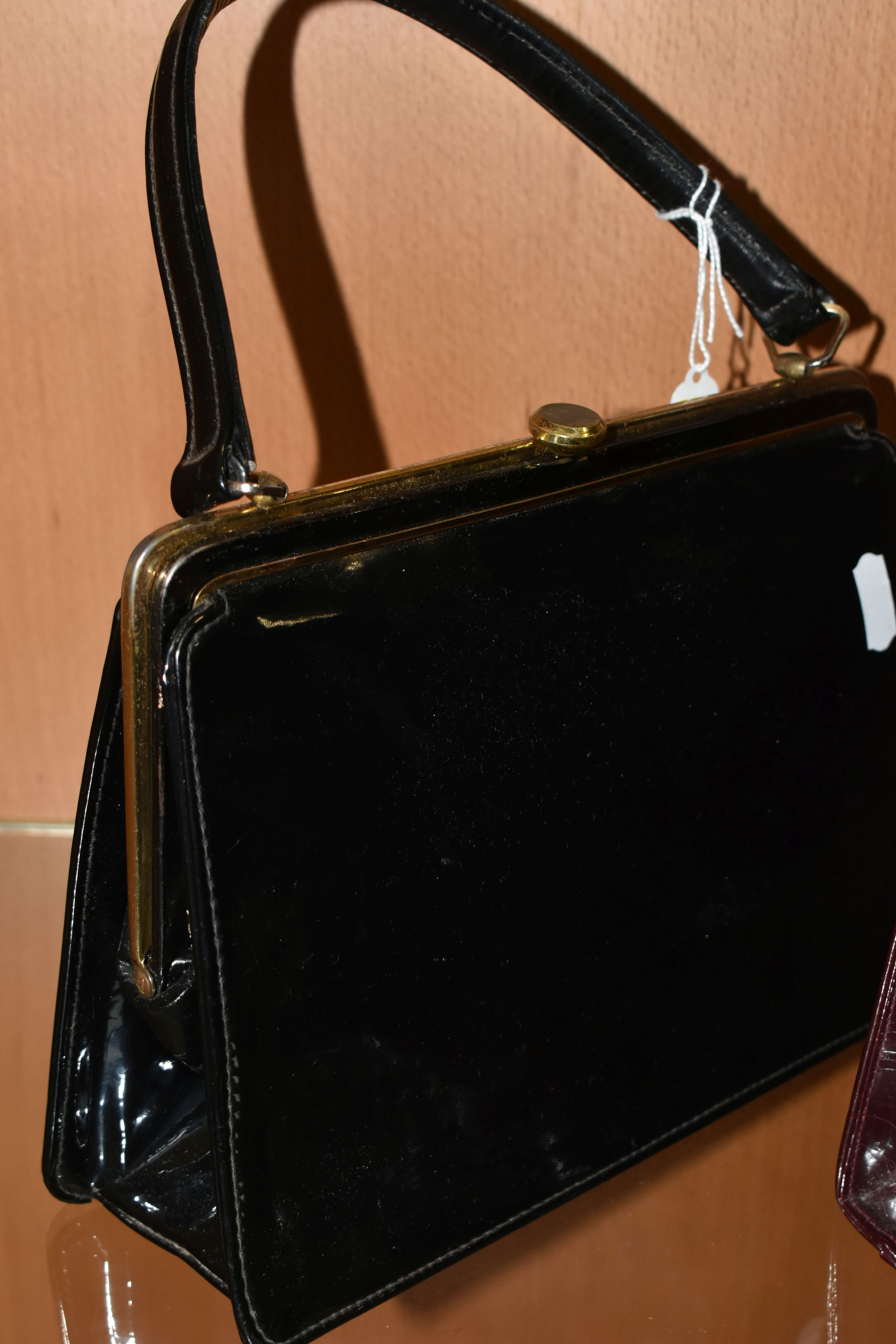 THREE LADIES' VINTAGE HANDBAGS, comprising a brown French faux Croc bag, a claret patent leather - Image 4 of 12