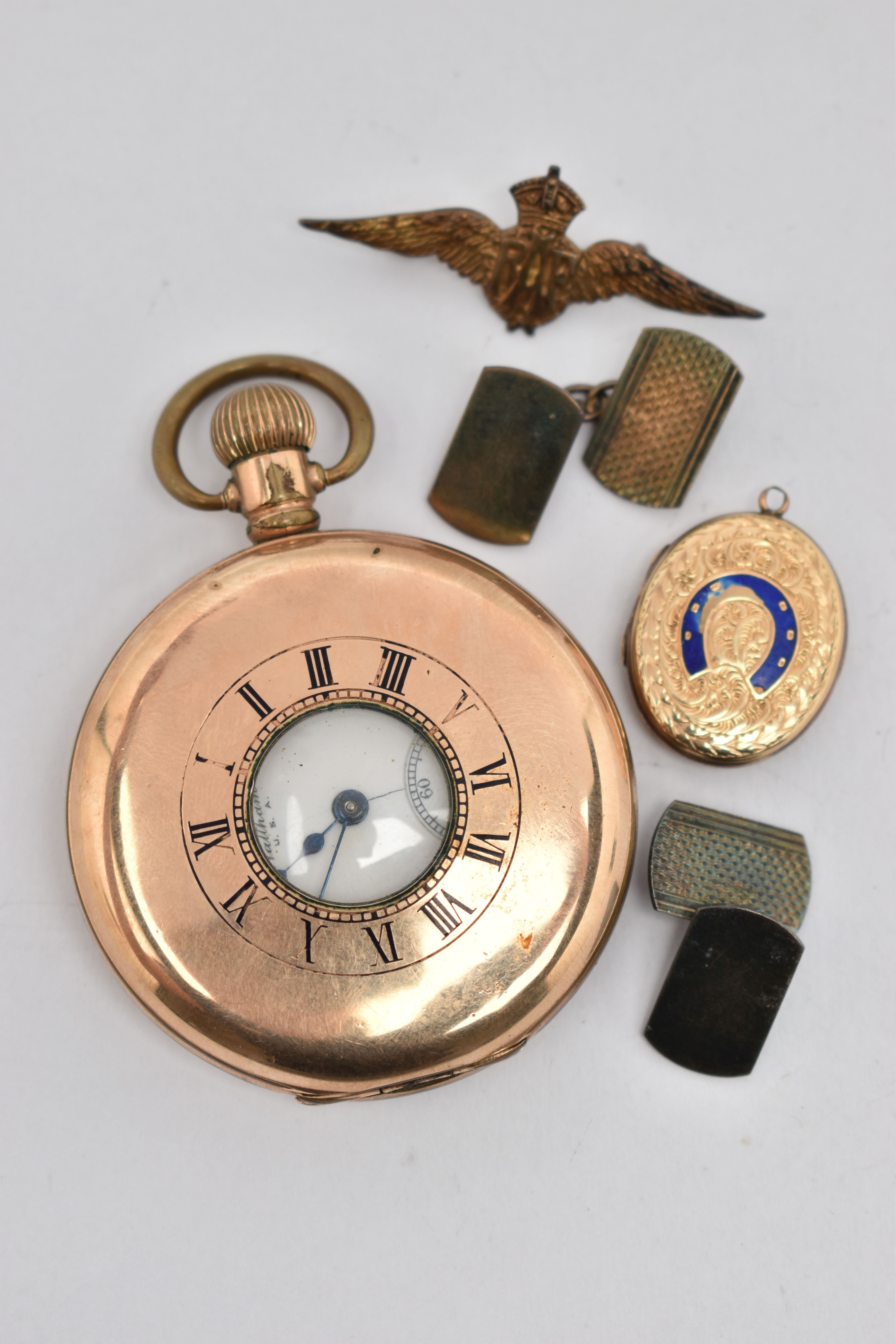 A GOLD PLATED 'WALTHAM' POCKET WATCH AND OTHER ITEMS, manual wind half hunter pocket watch, round