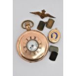 A GOLD PLATED 'WALTHAM' POCKET WATCH AND OTHER ITEMS, manual wind half hunter pocket watch, round
