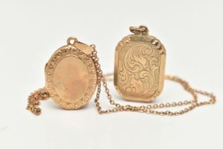 TWO LOCKETS AND A CHAIN, a rectangular floral detailed locket, hallmarked 9ct London, fitted with