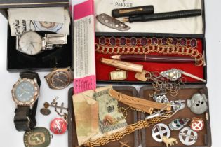 A BOX OF ASSORTED ITEMS, to include a cased 'Parker' Foutain pen, nib stamped 14k, a Fountain pen,