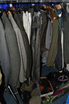 THREE BOXES AND LOOSE MEN'S CLOTHING AND ACCESSORIES, to include jackets, knitwear, a suit,