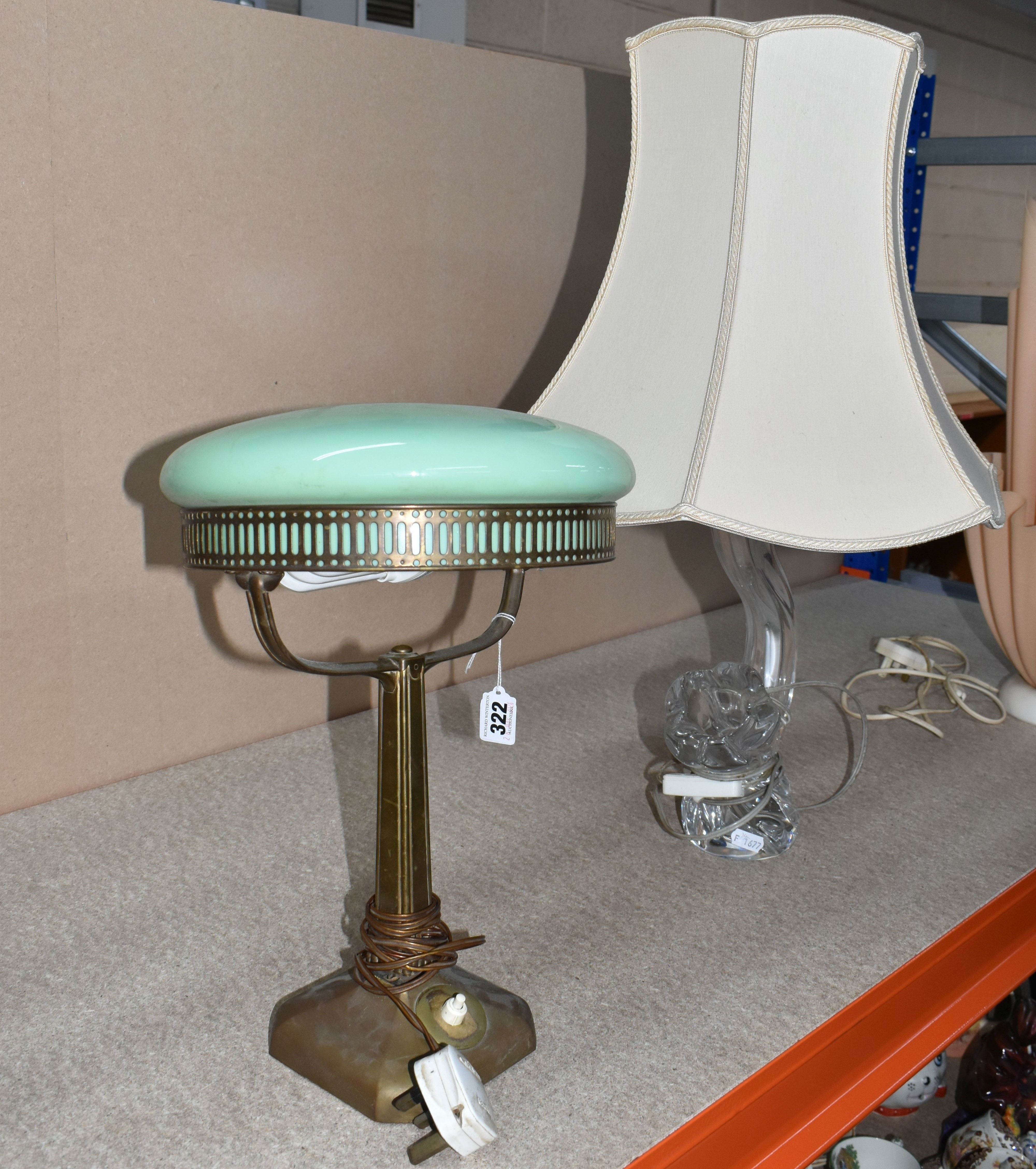 A DAUM FRANCE CRYSTAL GLASS LAMP WITH SHADE, AND AN ART DECO GREEN GLASS AND BRASS DESK LAMP, a - Image 5 of 7
