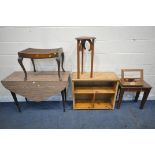 A MID CENTURY FORMICA TOP DROP LEAF TABLE, a pine open bookcase, an oak occasional table, another