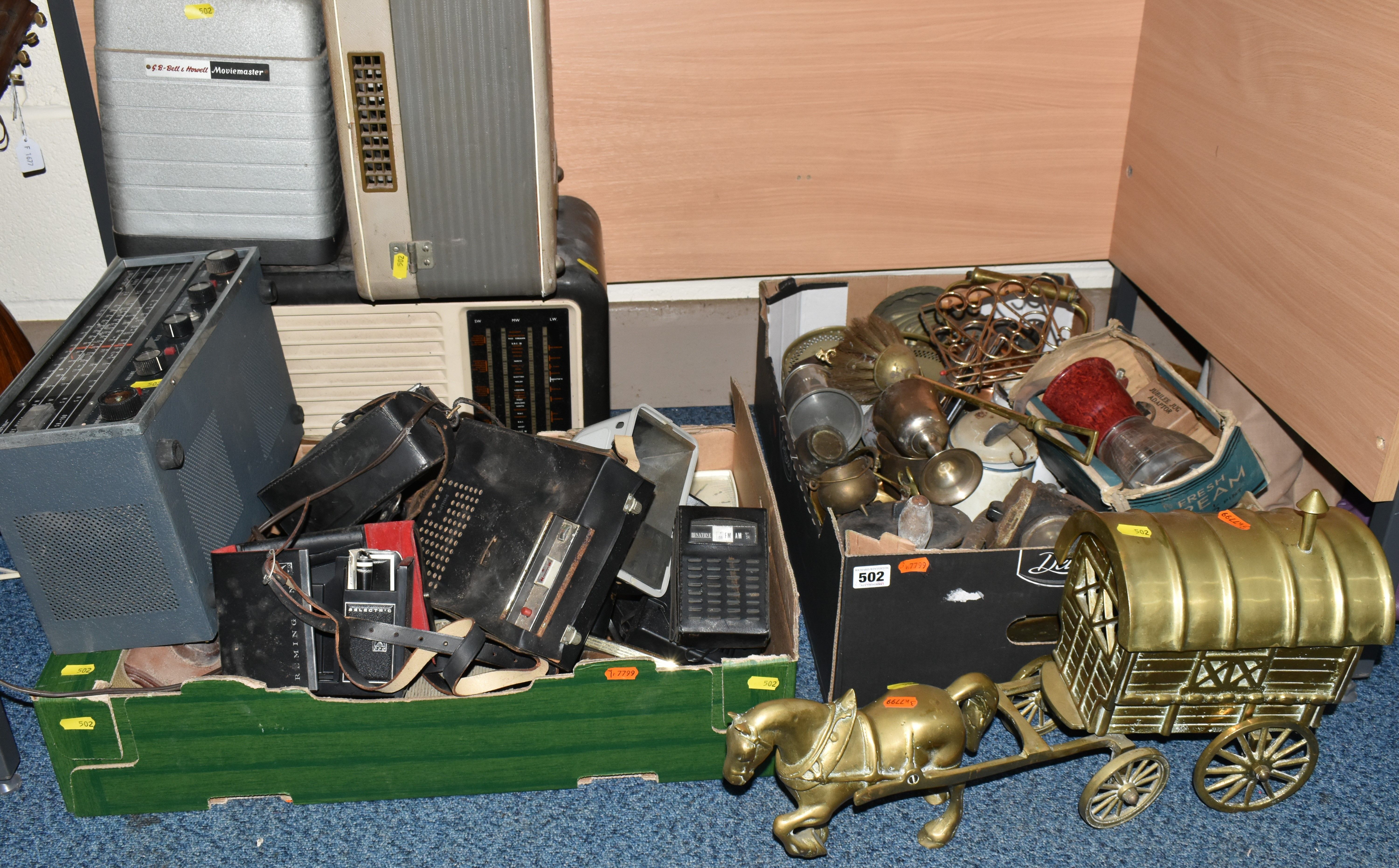 TWO BOXES AND LOOSE METALWARES, CAMERA, AUDIO EQUIPMENT, ETC, including a brass horse and cart, part