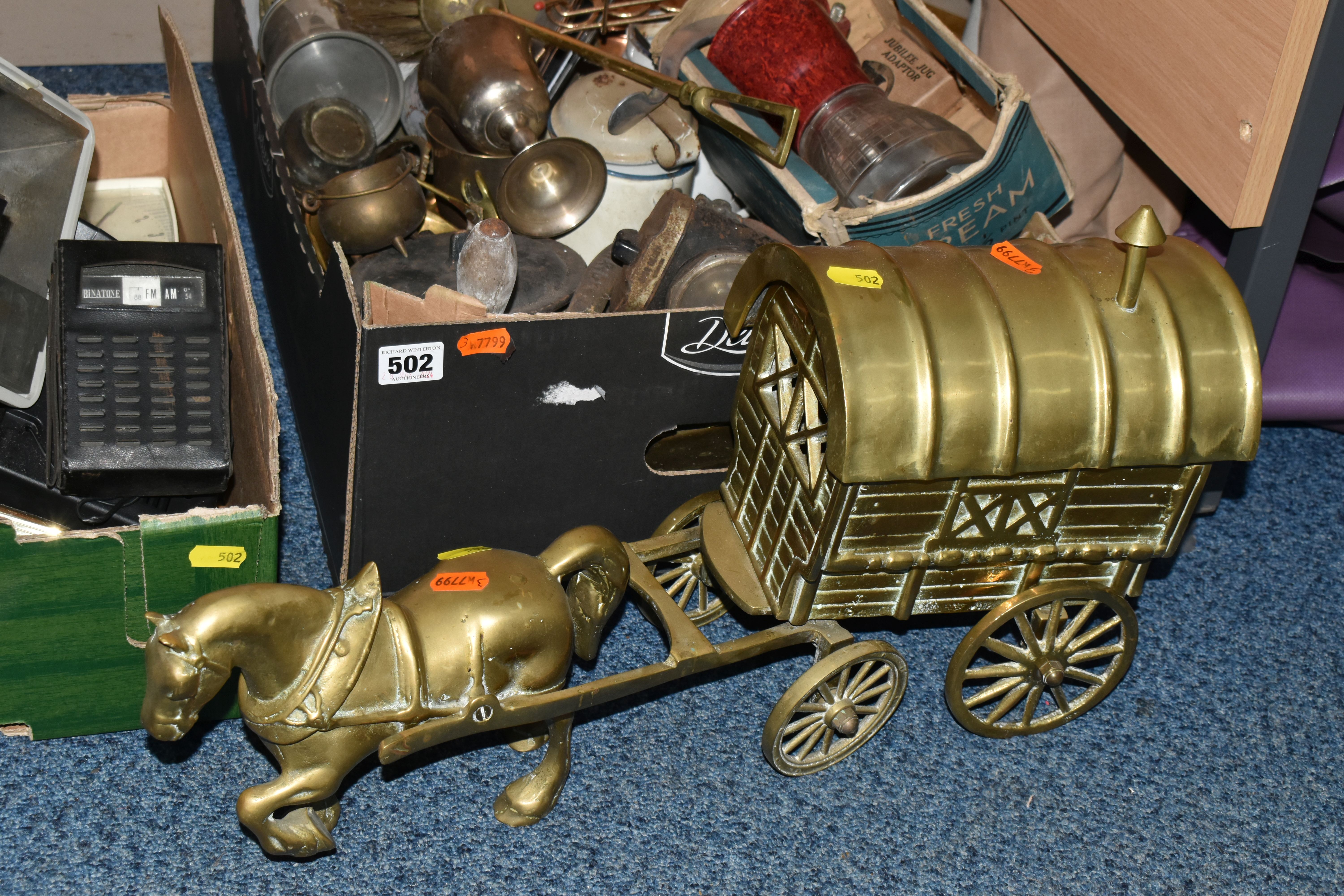 TWO BOXES AND LOOSE METALWARES, CAMERA, AUDIO EQUIPMENT, ETC, including a brass horse and cart, part - Image 2 of 6