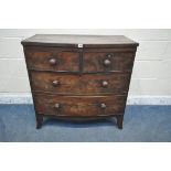 A GEORGIAN MAHOGANY BOW FRONT CHEST OF TWO SHORT OVER TWO LONG DRAWERS width 90cm x depth 50cm x