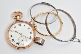 A GOLD PLATED OPEN FACE POCKET WATCH, THREE BANGLES AND A RING, manual wind pocket watch, round