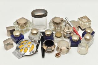 A BOX OF ASSORTED INK WELLS, JARS AND CONDIMENTS, to include a silver salt and mustard both with