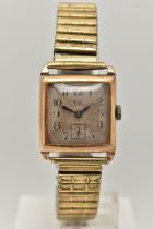 A GENTS 9CT GOLD 'RONE' WRISTWATCH, manual wind, rectangular silver dial signed 'Rone Sixteen',