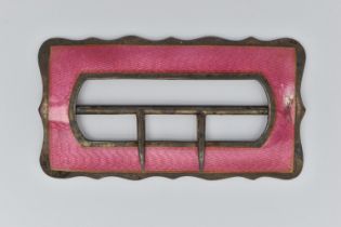 A 'DEAKIN & FRANCIS' SILVER BUCKLE, rectangular form buckle with scalloped edge detail, pink