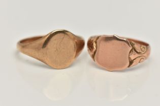 TWO 9CT GOLD SIGNET RINGS, the first a rose gold shield signet, hallmarked 9ct Birmingham, ring size