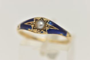 A YELLOW METAL BLUE ENAMEL AND SPLIT PEARL LATE 19TH CENTURY RING, split pearl within a star