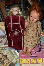 TWO BOXES OF MIXED SUNDRIES, to include a mid twentieth century composition doll with red hair,