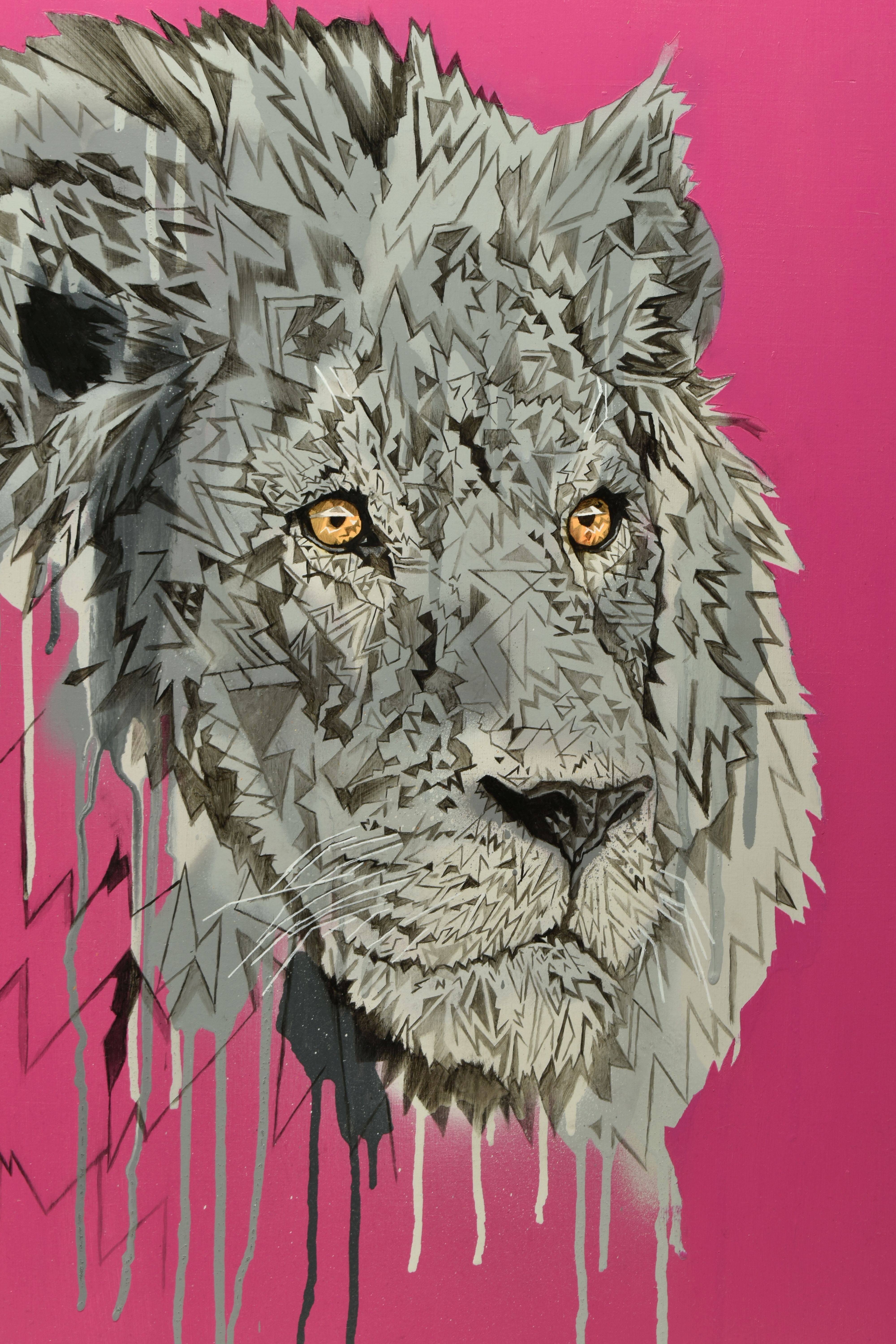 STEPHEN FORD (BRITISH CONTEMPORARY) 'LION HEAD STUDY ON MAGENTA', a stylised portrait of a Lions - Image 2 of 9