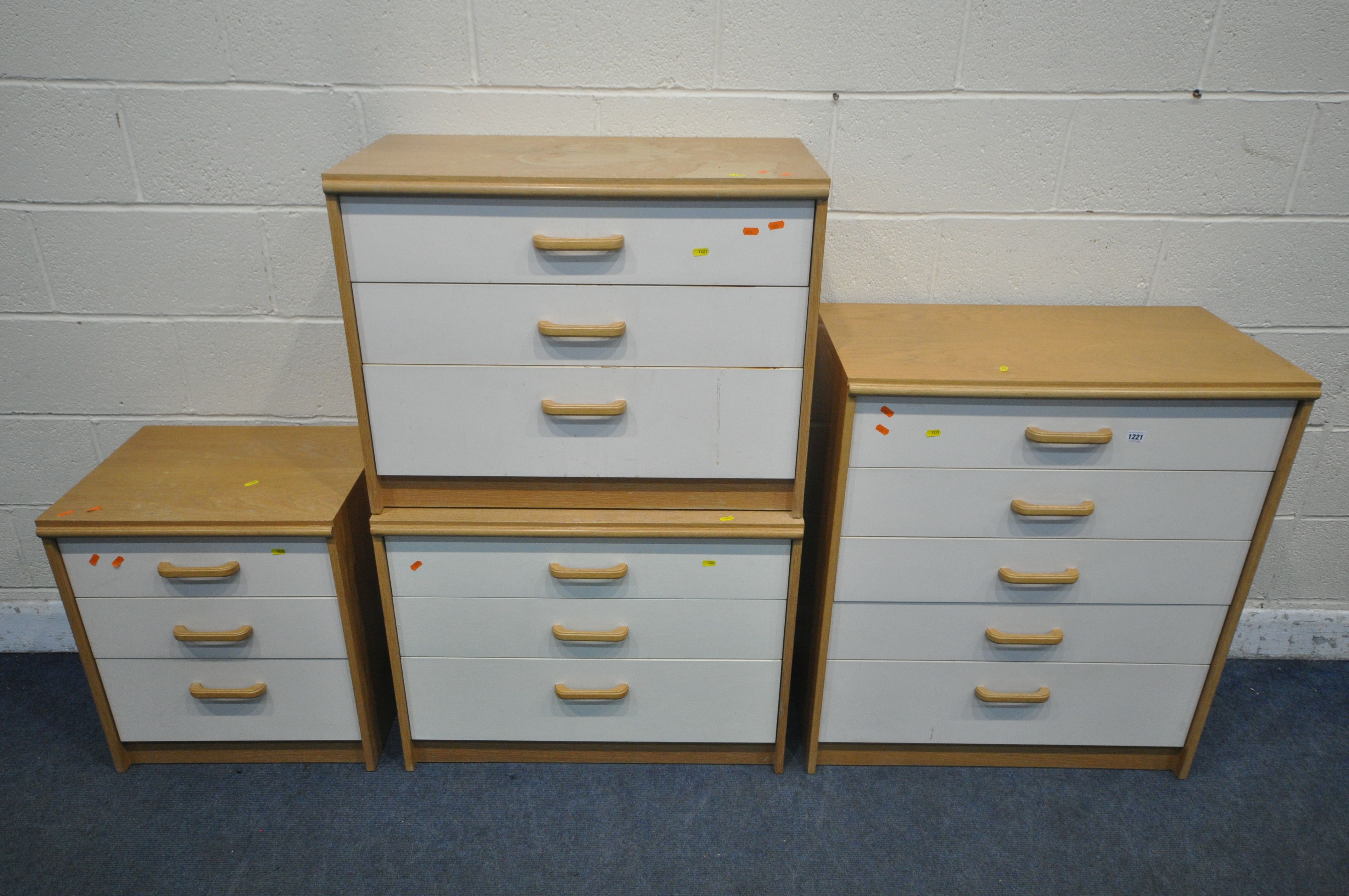 A MODERN FOUR PIECE BEDROOM SUITE, comprising a chest of five long drawers, width 79cm x depth