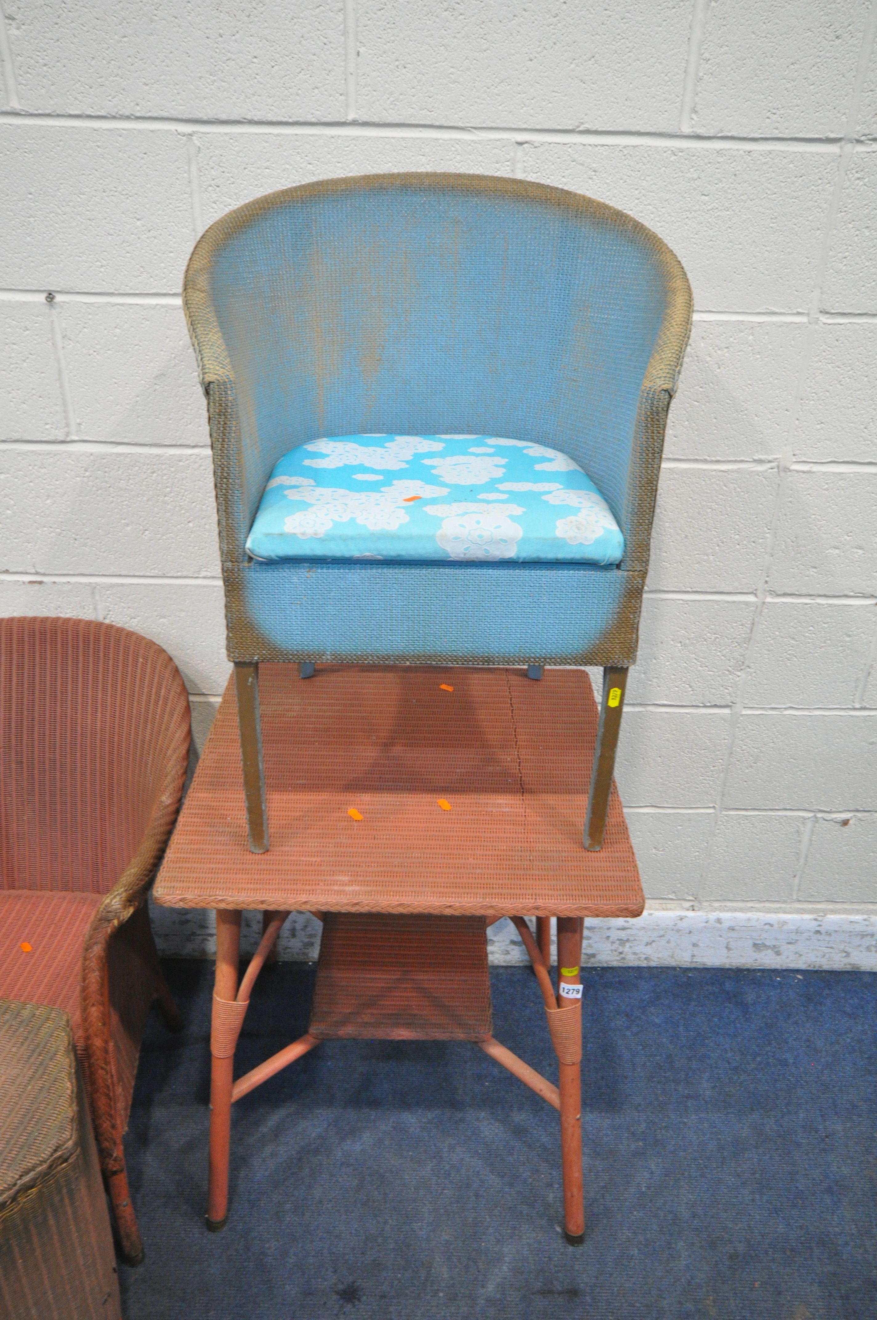 A SELECTION OF PAINTED LLOYD LOOM FURNITURE, to include a table, diameter 61cm x height 73cm, an - Image 2 of 4