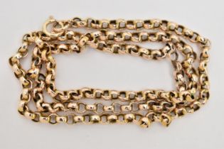 A YELLOW METAL BELCHER CHAIN, fitted with a spring clasp, approximate length 510mm, clasp stamped