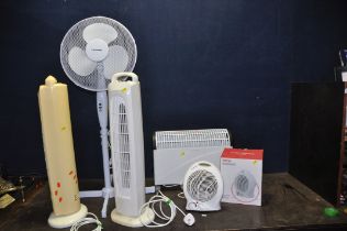 A COLLECTION OF FANS AND HEATERS including two B&Q tower fans, a Blaupunkt floor fan, a Curry's