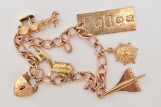A 9CT GOLD CHARM BRACELET, curb link bracelet, fitted with a heart padlock clasp, six charms